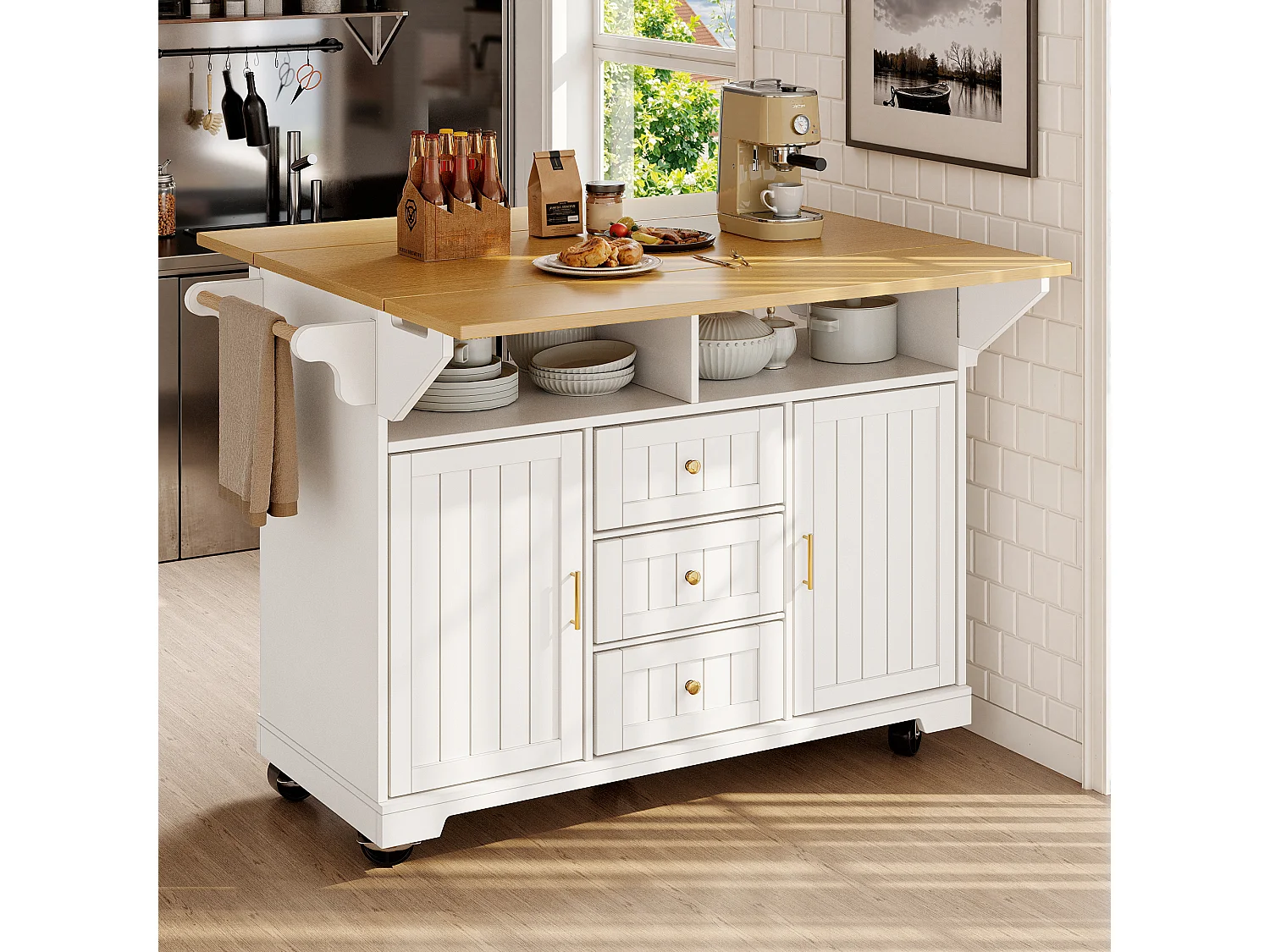Îlot central extensible avec roulettes - 120 x 40/60/80 x 95 cm - avec 2 portes + 3 tiroirs - MDF + Métal - blanc