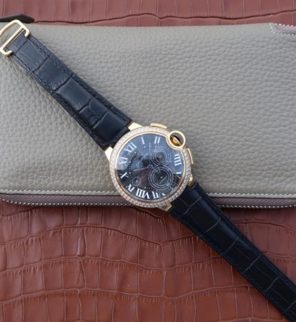 Replica Cartier Ballon Bleu De Cartier Chrono YG Black Dial Diamonds Bezel A8101 - Top club
