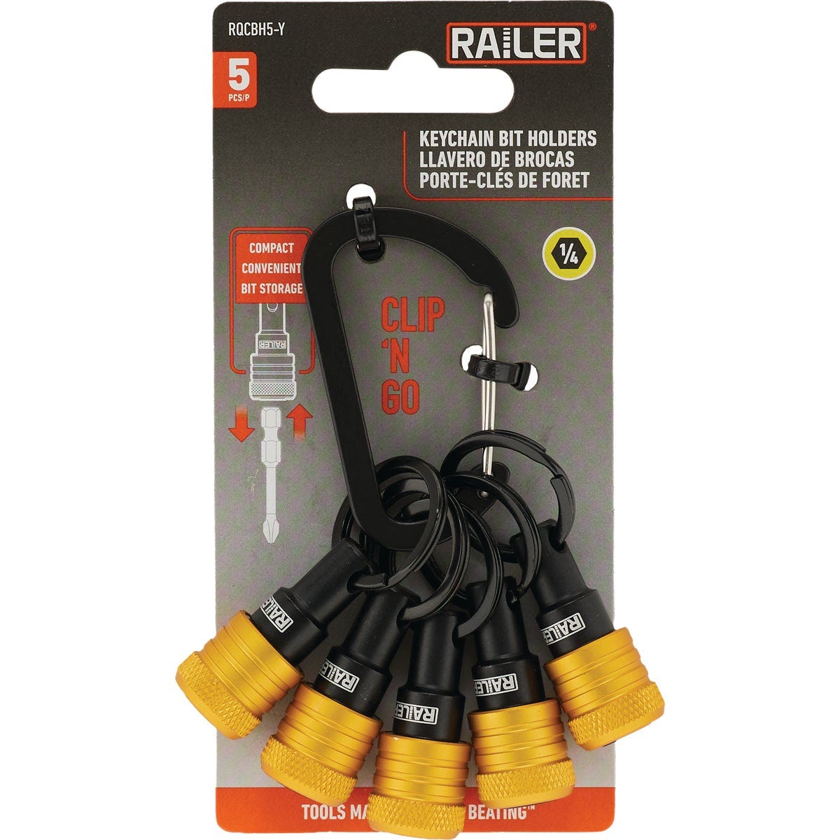 Railer Bit Holder Keychain with (5) Yellow Hex Shank Bit Holders
