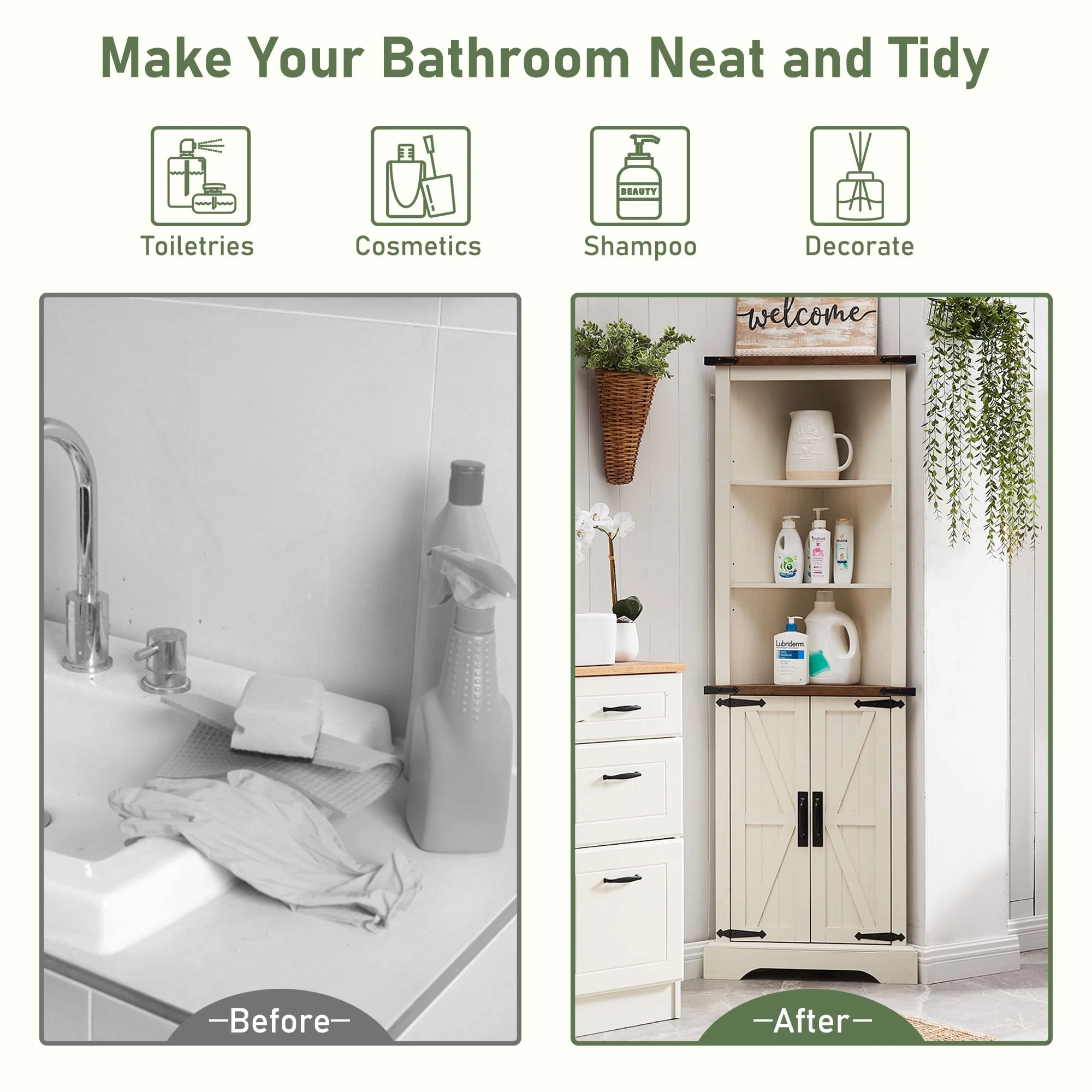 OKD Farmhouse Tall Corner Cabinet with Barn Door & Adjustable Shelves, 68" Rustic Wood Corner Cabinet with Storage Cabinet for Bathroom, Kitchen, Antique White - Image 10
