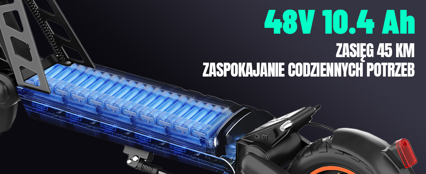 Zbliżenie komory baterii skutera elektrycznego z niebieskim oświetleniem LED. Tekst wyświetla „48V 10,4 Ah” i zawiera zasięg 45 km w języku polskim