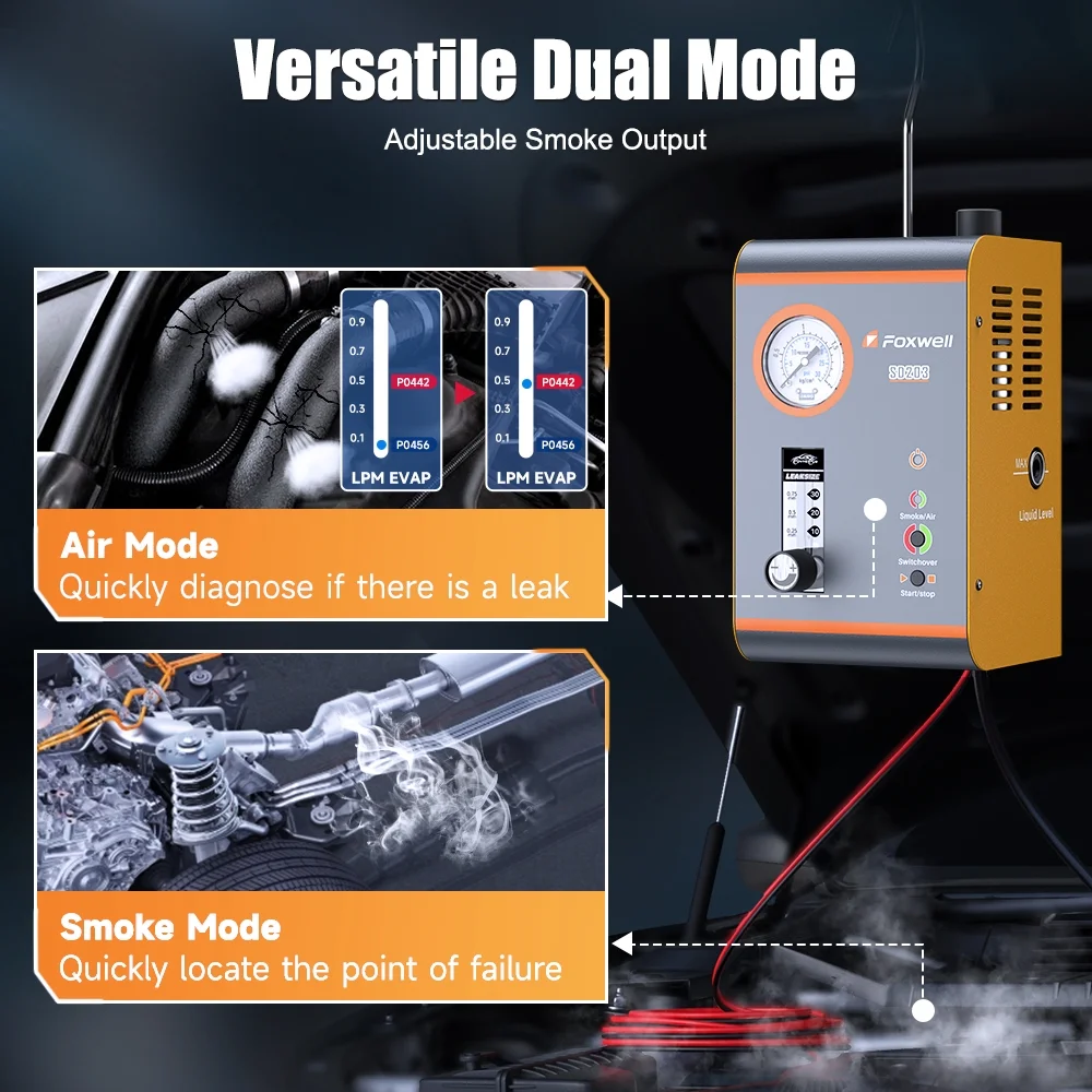 FOXWELL SD203 Automotive Smoke Machine with Pressure Gauge & Flow Meter, All Systems EVAP Vacuum Leak Detector - Image 8