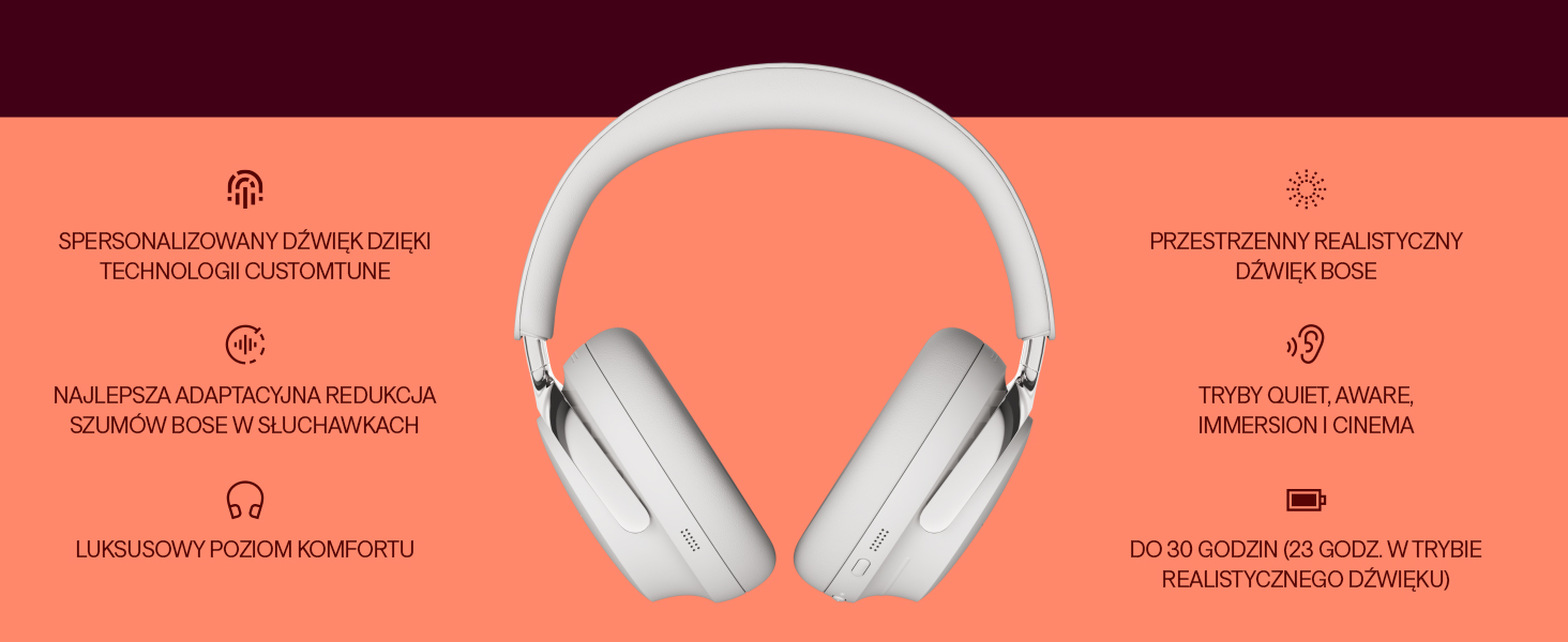 Baner z białymi słuchawkami na tle koralowym/brzoskwiniowym z okrągłymi wzorami ikon. Specyfikacje produktu lub cechy wskazane minimalistyczną grafiką.
