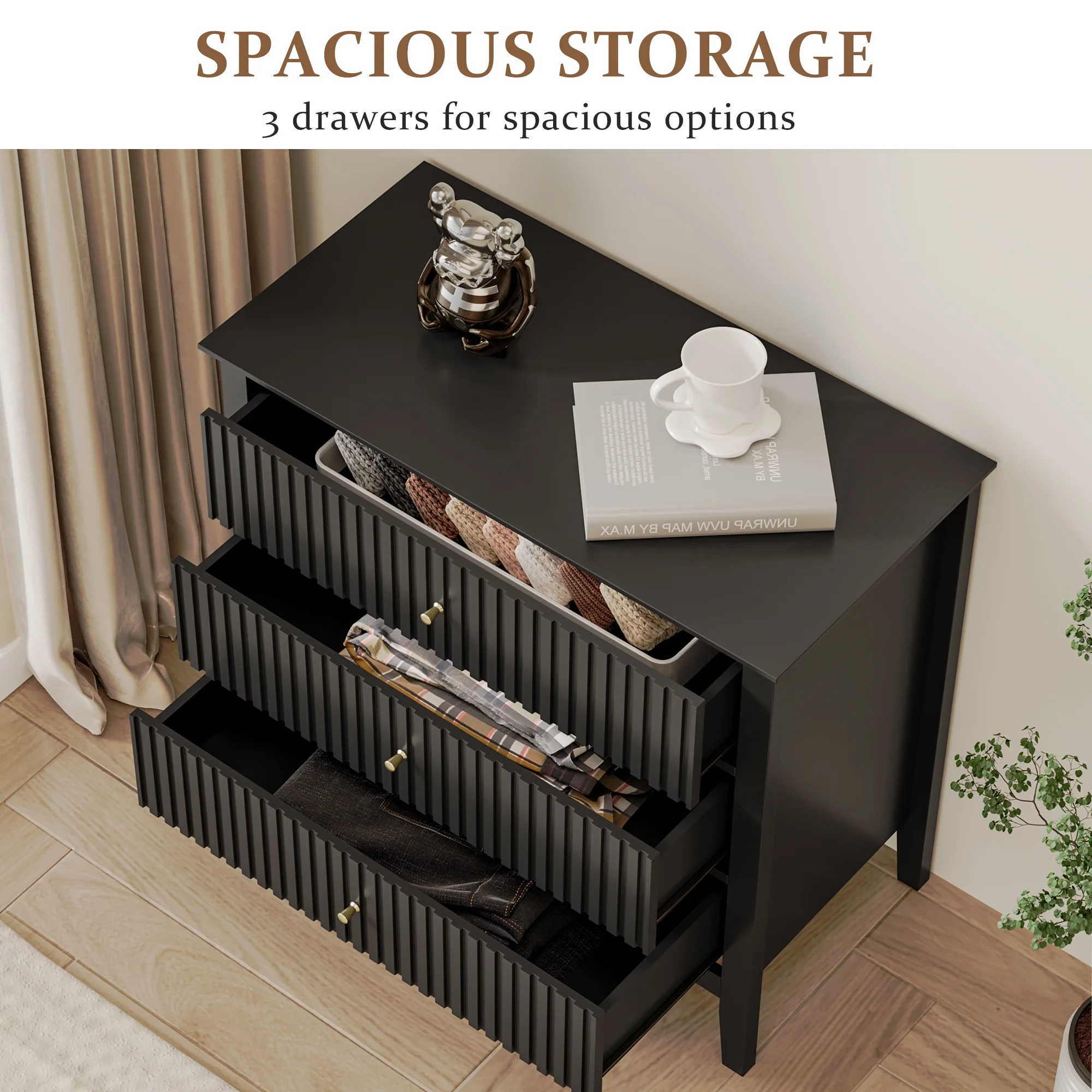 May Color Large White 3 Drawer Dresser Set of 2 with Fluted Panel, Modern Chest of Drawers with Silent Slide Drawers, Wood Accent Nightstand with Storage for Bedroom Living Room, Hallway - Image 40