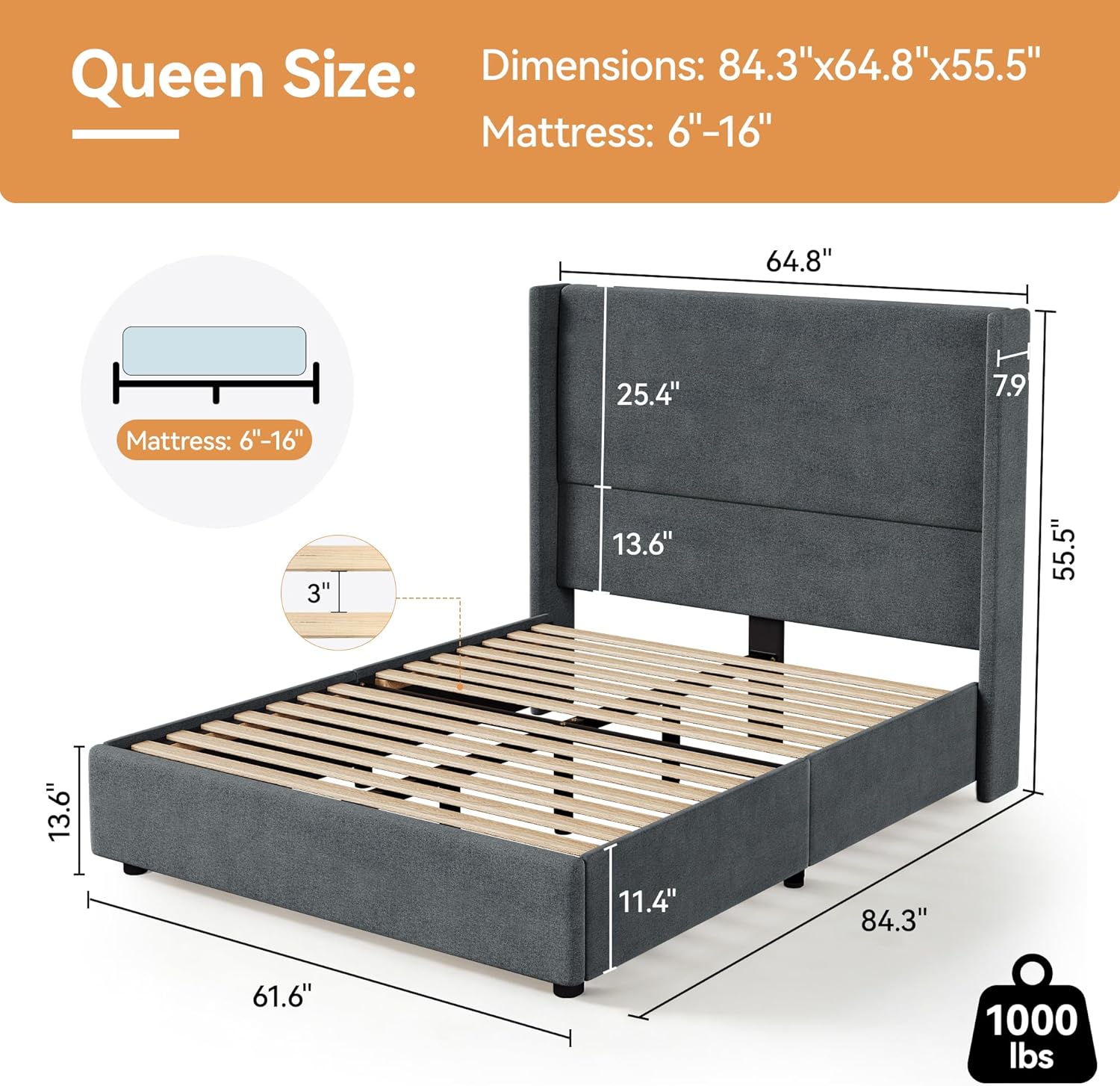 Queen Bed Frame, Upholstered Platform Bed with 55.5