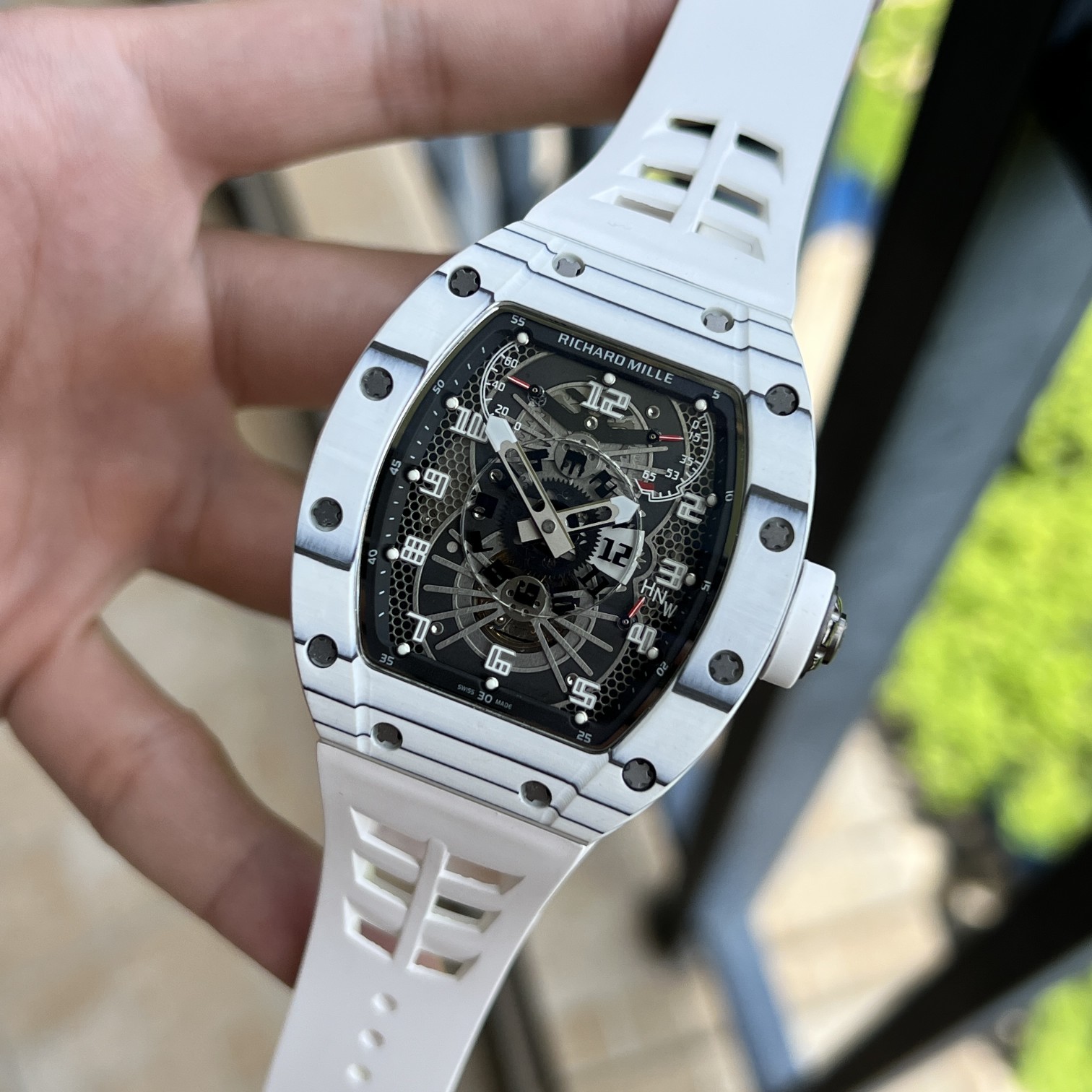 Richard Mille RM 022 Replica White Case White Strap Watch For Men �C Skeletonized Dial And Carbon Fiber Case - Top club