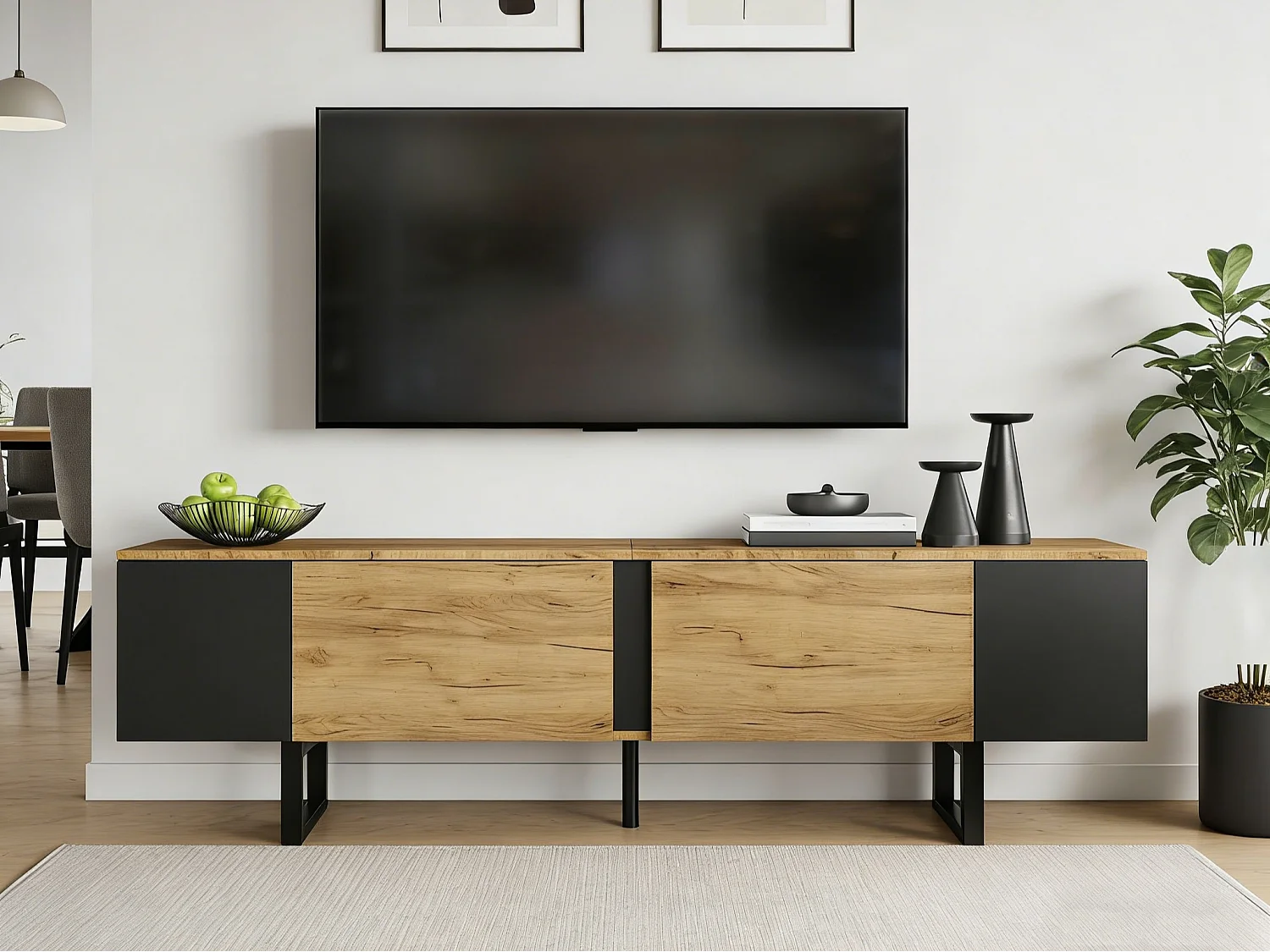 Meuble TV 180x40x55 cm - 2 portes et étagères ouvertes - TV Jusqu'à 75 pouces - Panneaux de particules - Naturel et noir