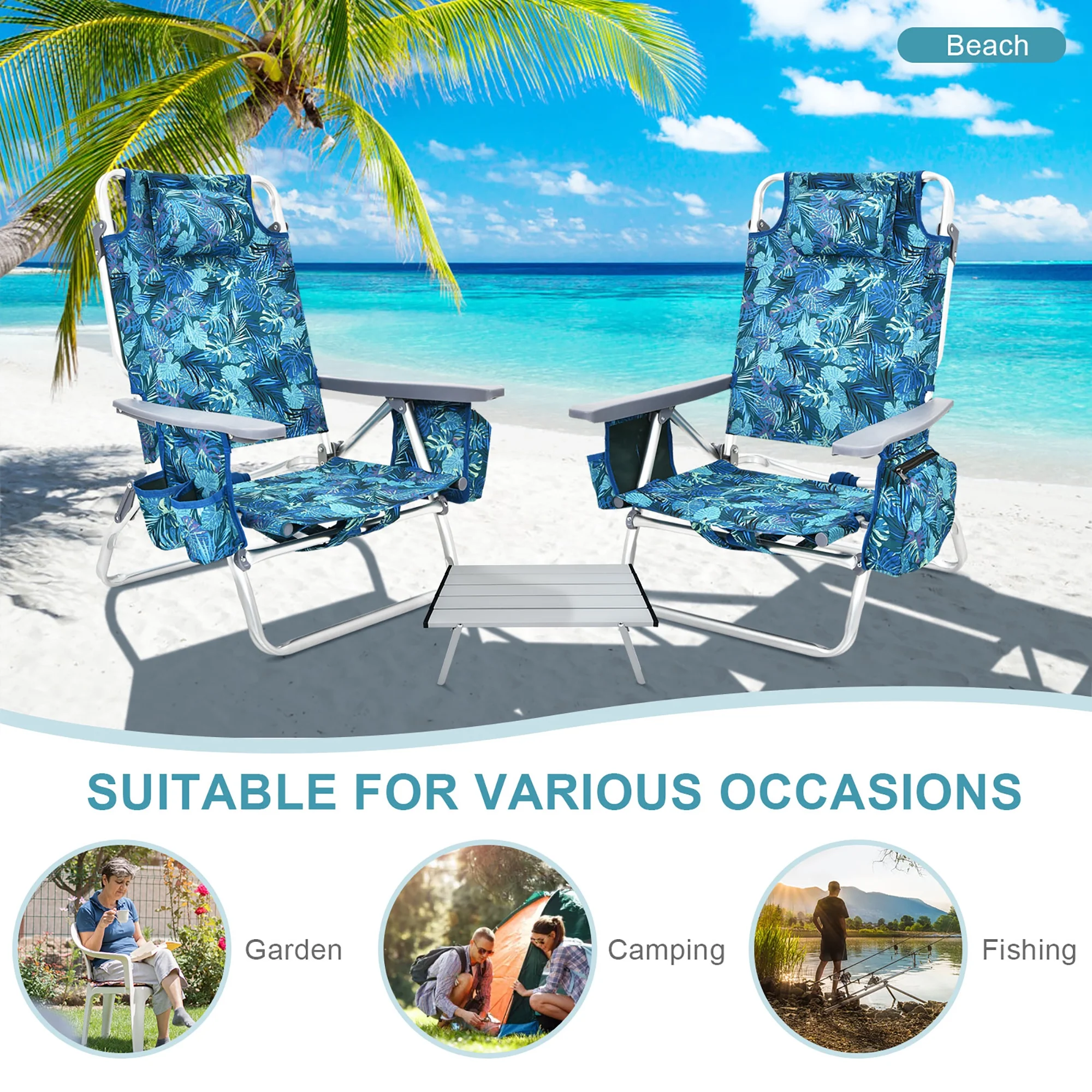 Costway 2-Pack Folding Backpack Beach Chair Table Set 5-Position Outdoor Reclining Chair Pink - Image 23