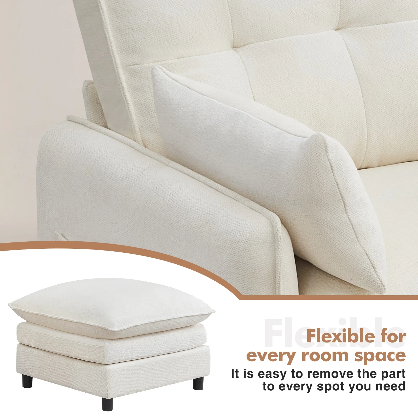 Aemeios Upholstered Chenille OversizedAccent Armchairs with Ottoman and Side Pocket, Cream - Image 5
