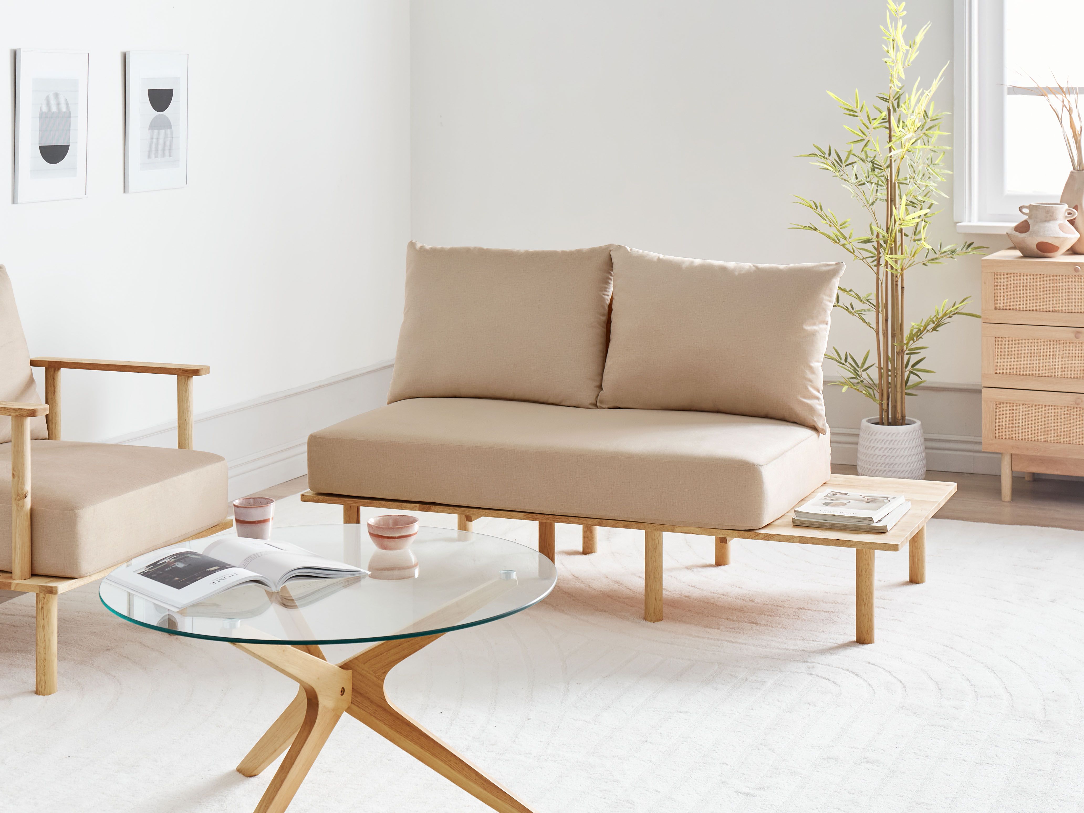 Sofa 2 Seater SALO Fabric Sand Beige with Tables