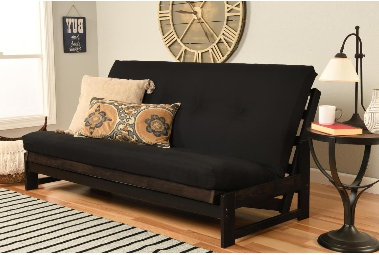 Full Size Futon Frame Set - Convertible Sofa Bed for Living Spaces Twill Black