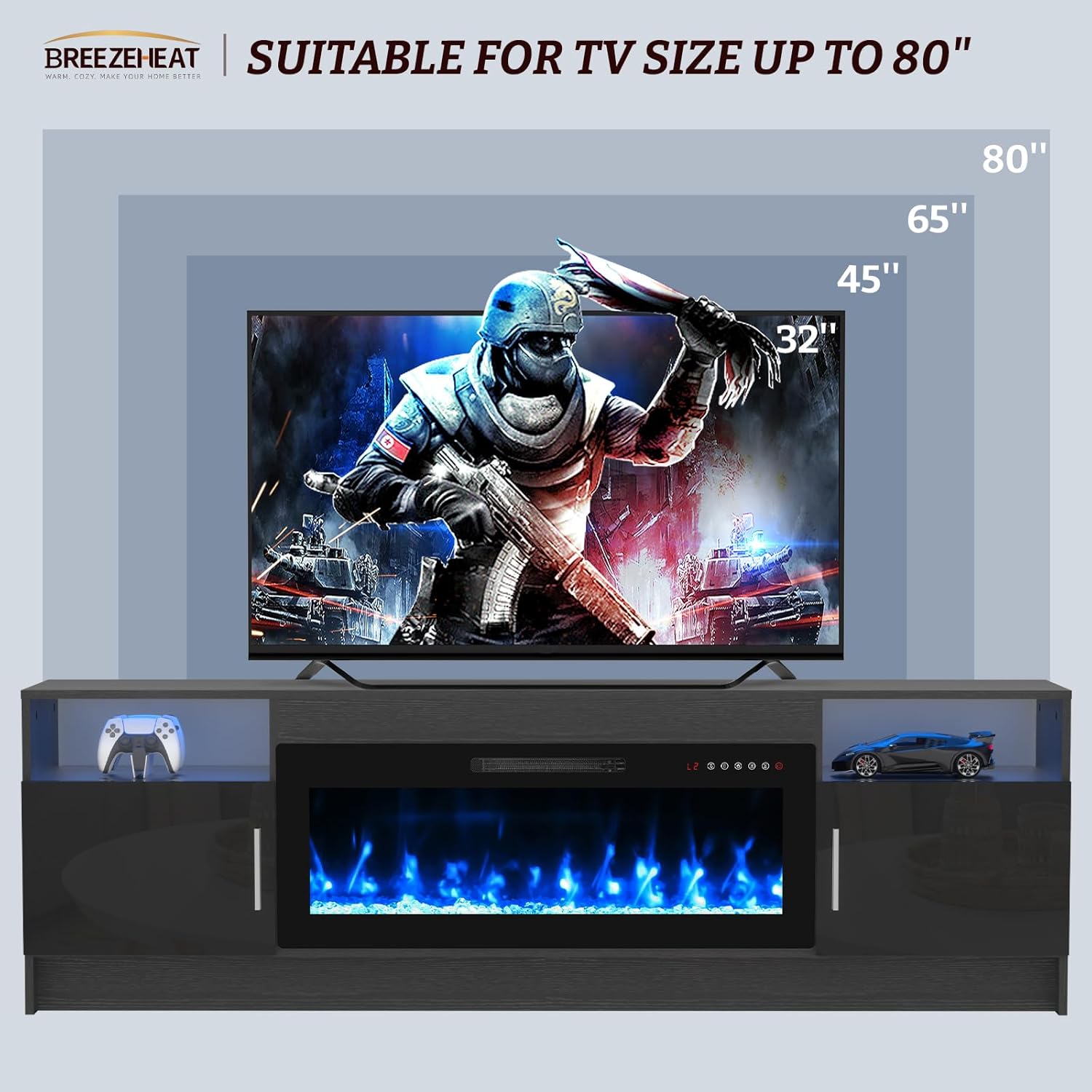 BREEZEHEAT Electric Fireplace TV Stand with 36 inch Fireplace Up to 80