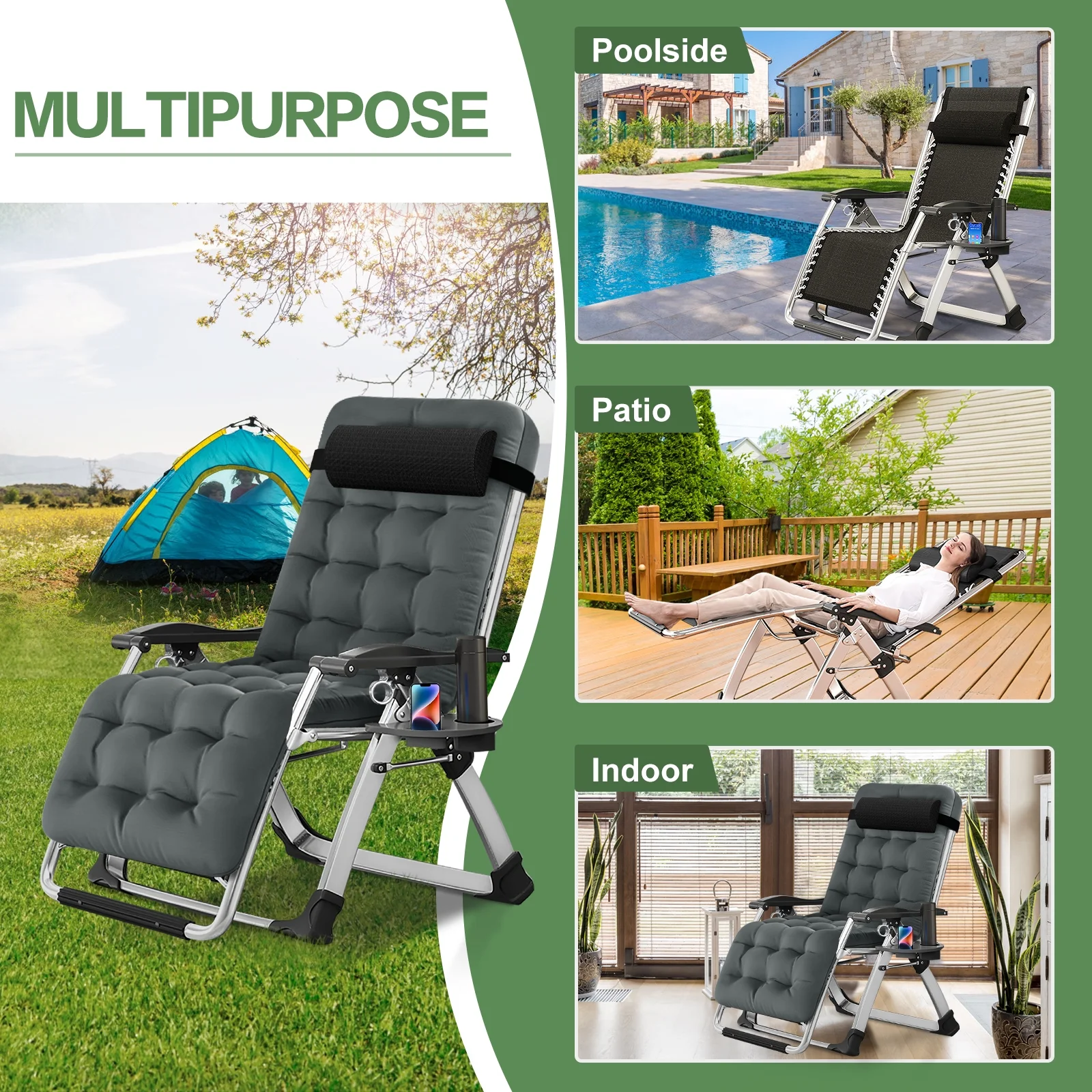 NAIZEA 2 Pack Zero Gravity Chair, Foldable Portable Lawn Recliner with Cushion, Headrest, Cup Holder, Black - Image 43