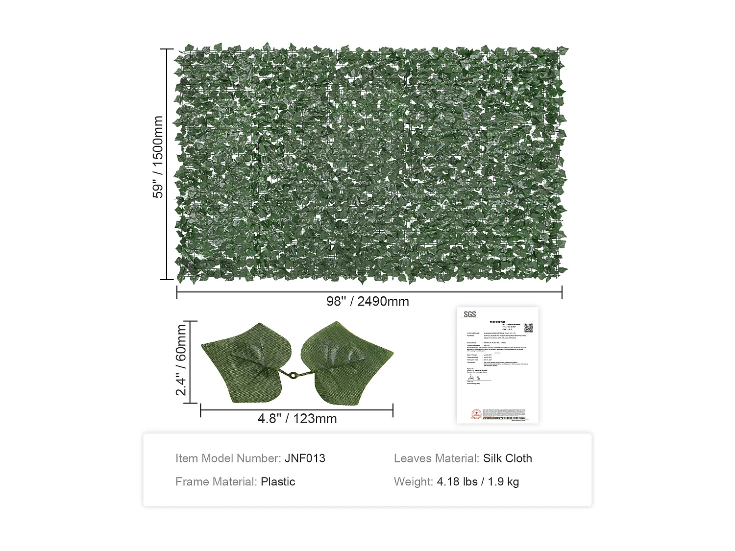 Panneaux de Buis Artificiels SucceBuy Panneau Décoratif de Clôture D'intimité en Feuilles de Lierre Artificiel 149.8cm x 248.9cm