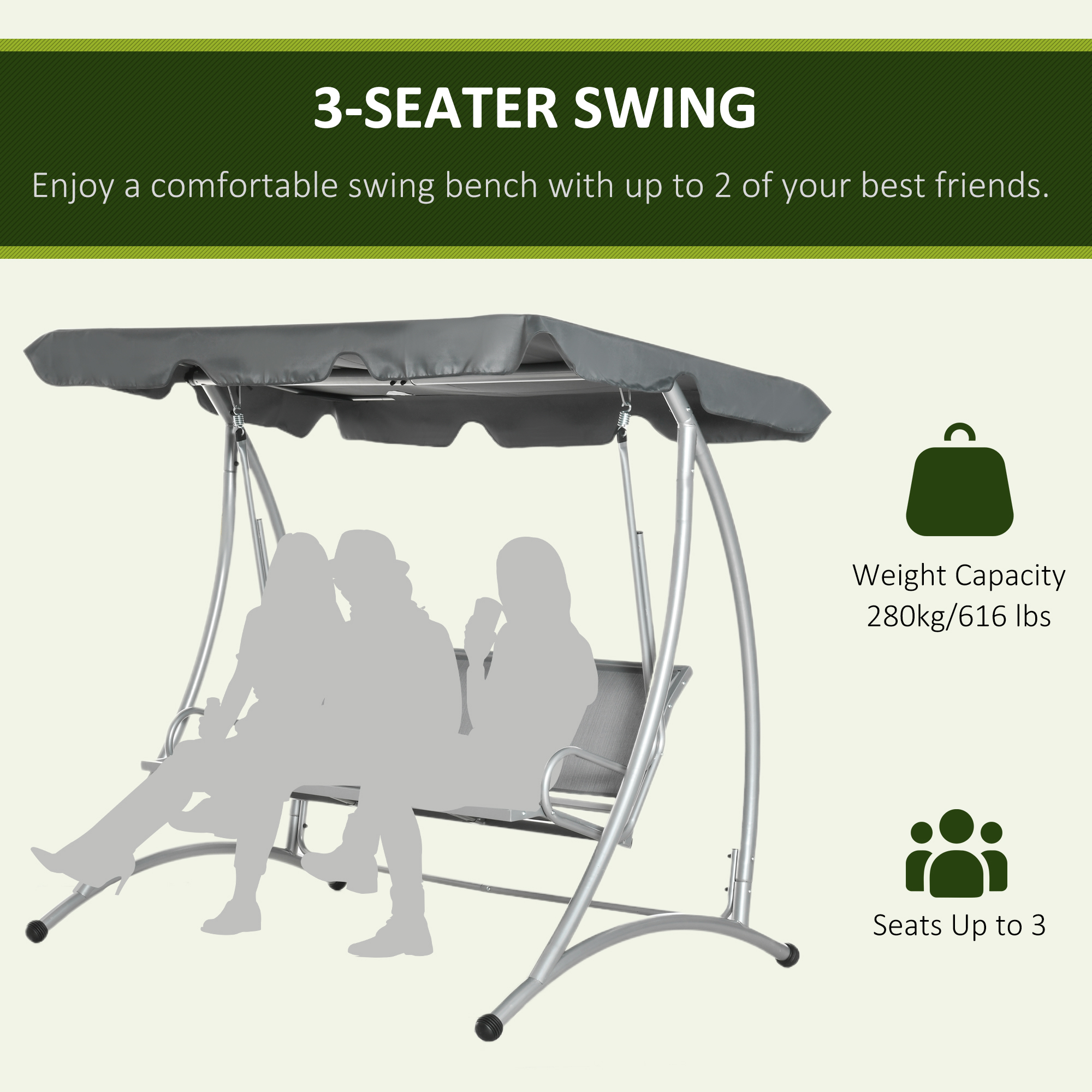 Outsunny 3 Person Patio Swing Seats, Porch Swing with Stand & Adjustable Canopy, Heavy Duty Outdoor Swing Chair Bench for Adults, Black - Image 32