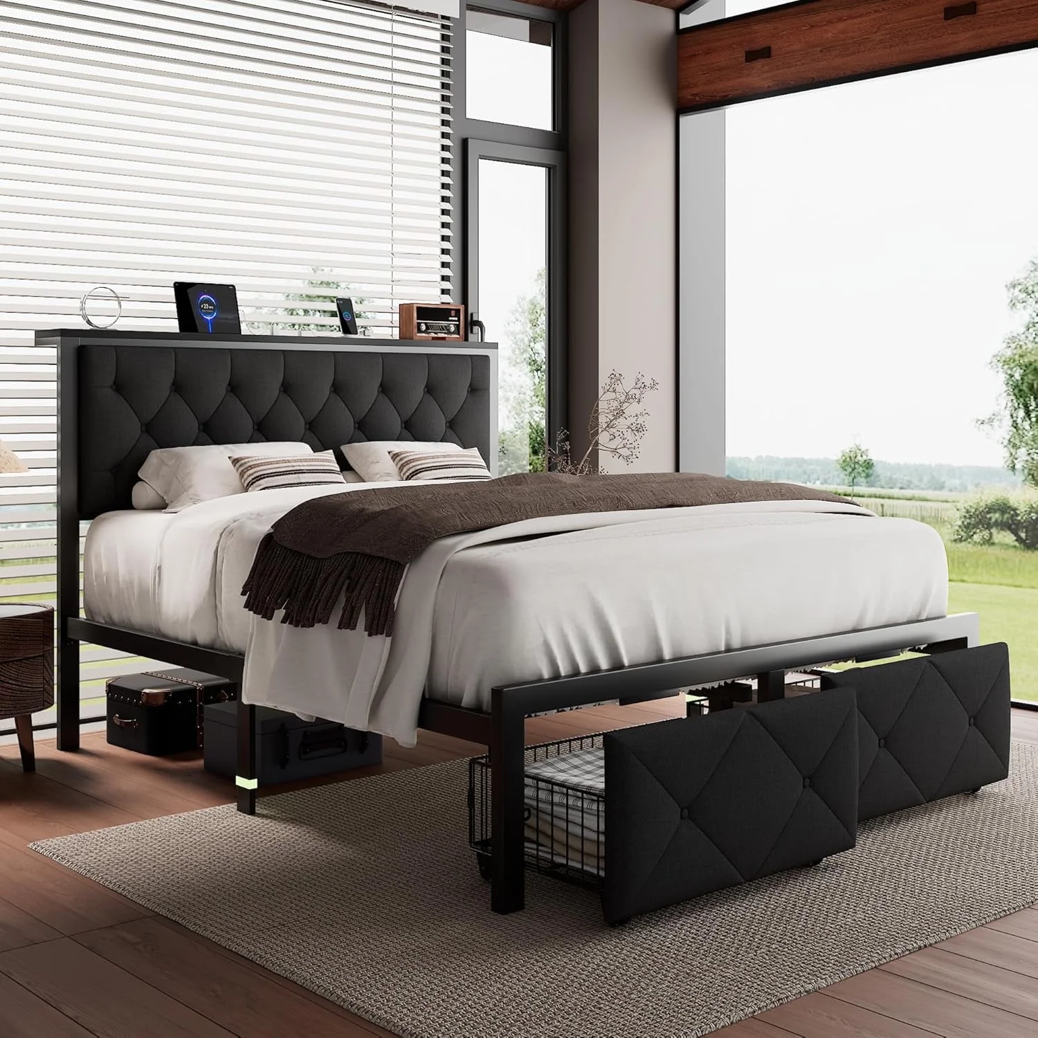 iPormis Full Bed Frame with 2 Drawers, Metal Platform Bed with Charging Station and Linen Fabric Storage Headboard Strong Metal Slats Black,Gray - Image 12