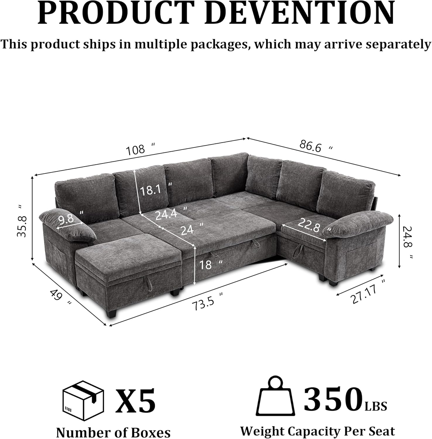 108 Inch Sectional Sleeper L Shaped Sofa with Pull Out Bed, 7 Seat Modular Sectional Sofa with Storage, Modern Chenille Cloud Couch, Sectional Couches for Living Room, Gray