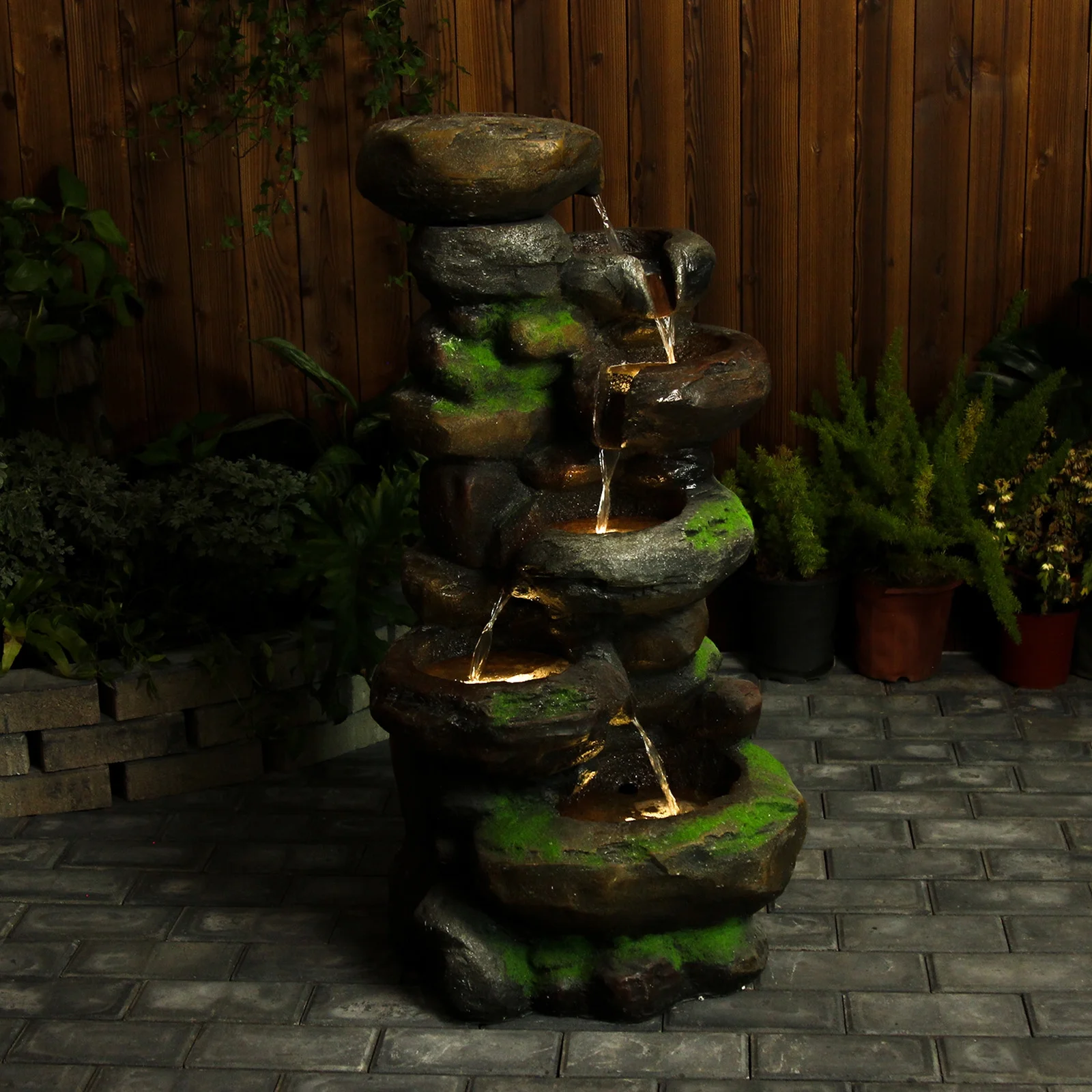 6-Tiered Outdoor Floor Rock Water Garden Fountain 37.4''H Cascading Waterfall Water Feature Indoor for Home Decor Patio Yard with LED Lights and Natural Stone Look
