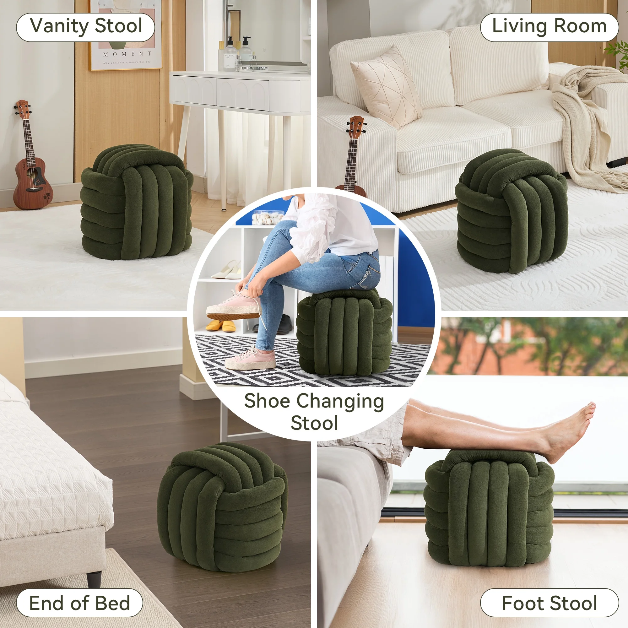 Modern Ottoman Footstool, Chenille Braided Foot Stool with Sponge Filling, Exquisite End Table Pouf Stool Soft Shoe Stool, Green