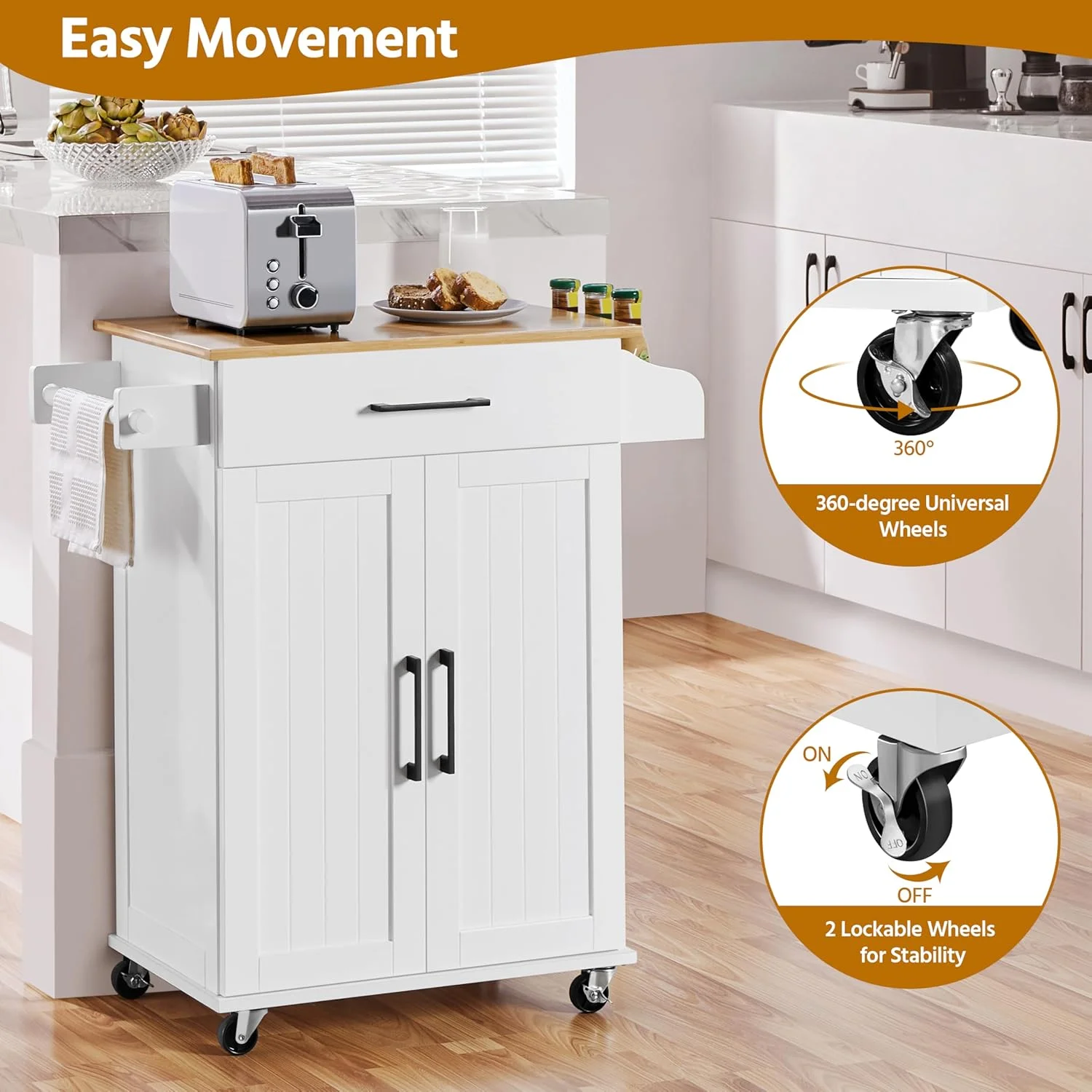 HXYHJ Kitchen Island on Wheels with Storage Cabinet, Rolling Kitchen Cart with Bamboo Top & Drawer & Spice Rack Towel Bar, Microwave Stand Cart for Kitchen/Dining Room, Black - Image 16
