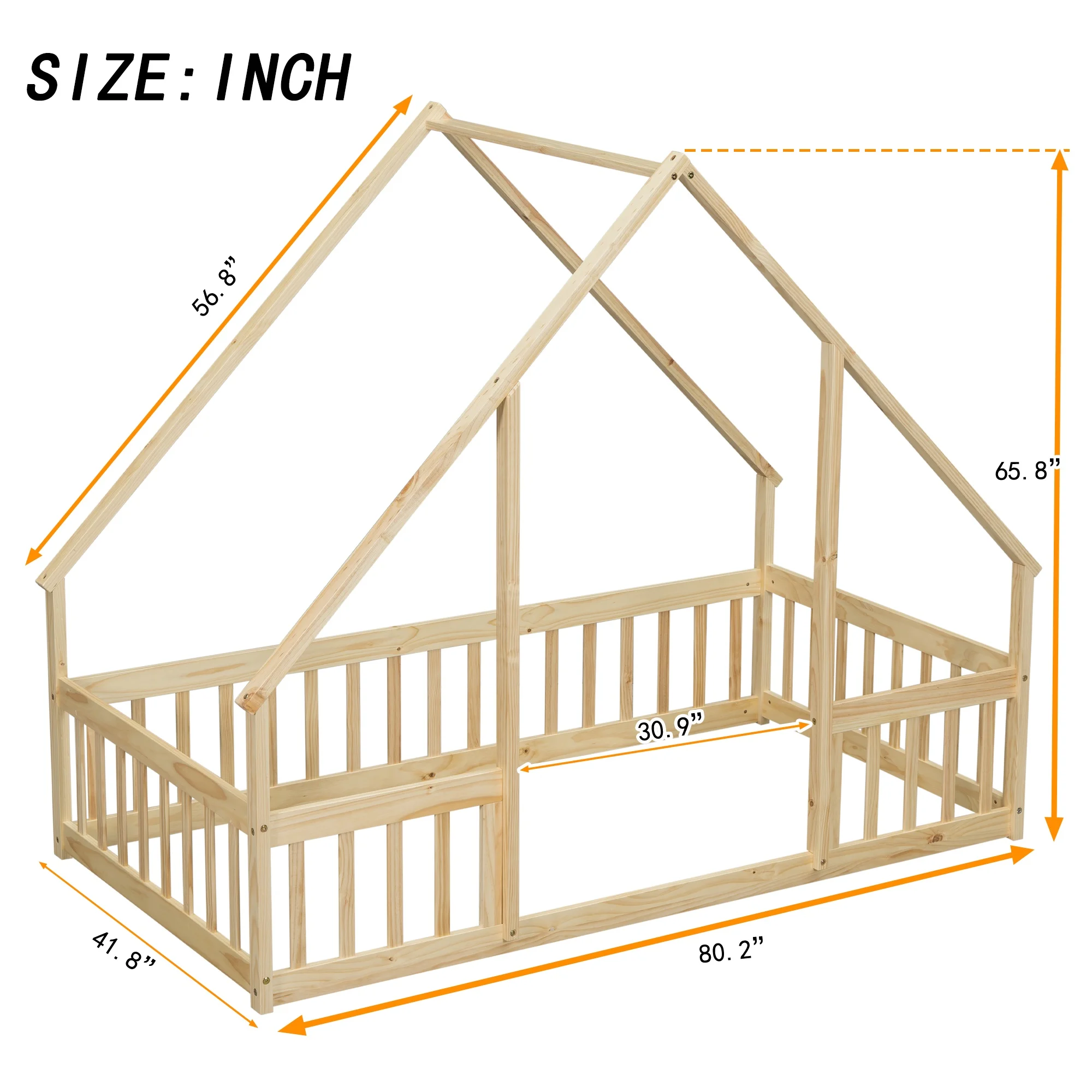 Bellemave Twin Size Floor Bed Frame, Wooden House Bed Twin Size with Fence, Montessori Bed with Guardrails for Bedroom (White) - Image 41
