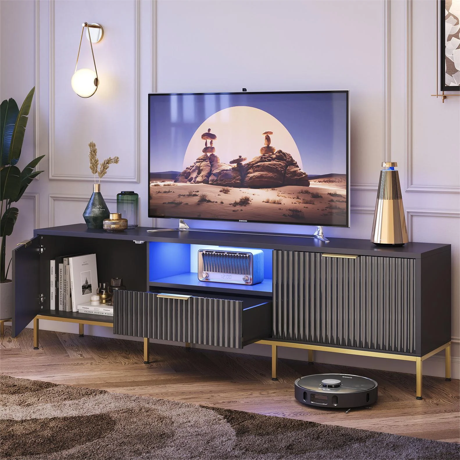 Bestier 55" LED TV Stand for TVs up to 60" Modern High Gloss Entertainment Center with Drawers Cabinets Fluted TV Console, White & Gold - Image 28