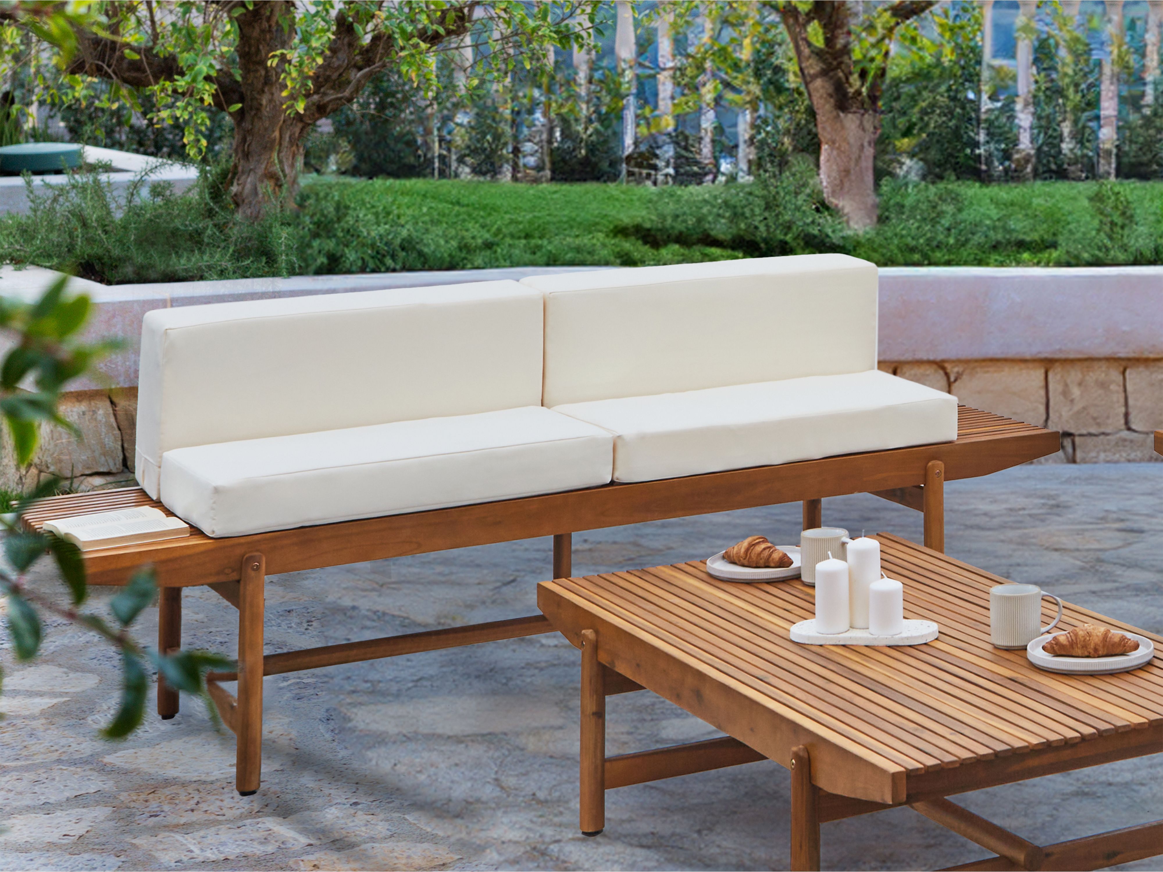Garden Bench with Cushion GIAVENO 210 cm Acacia Wood Off-White