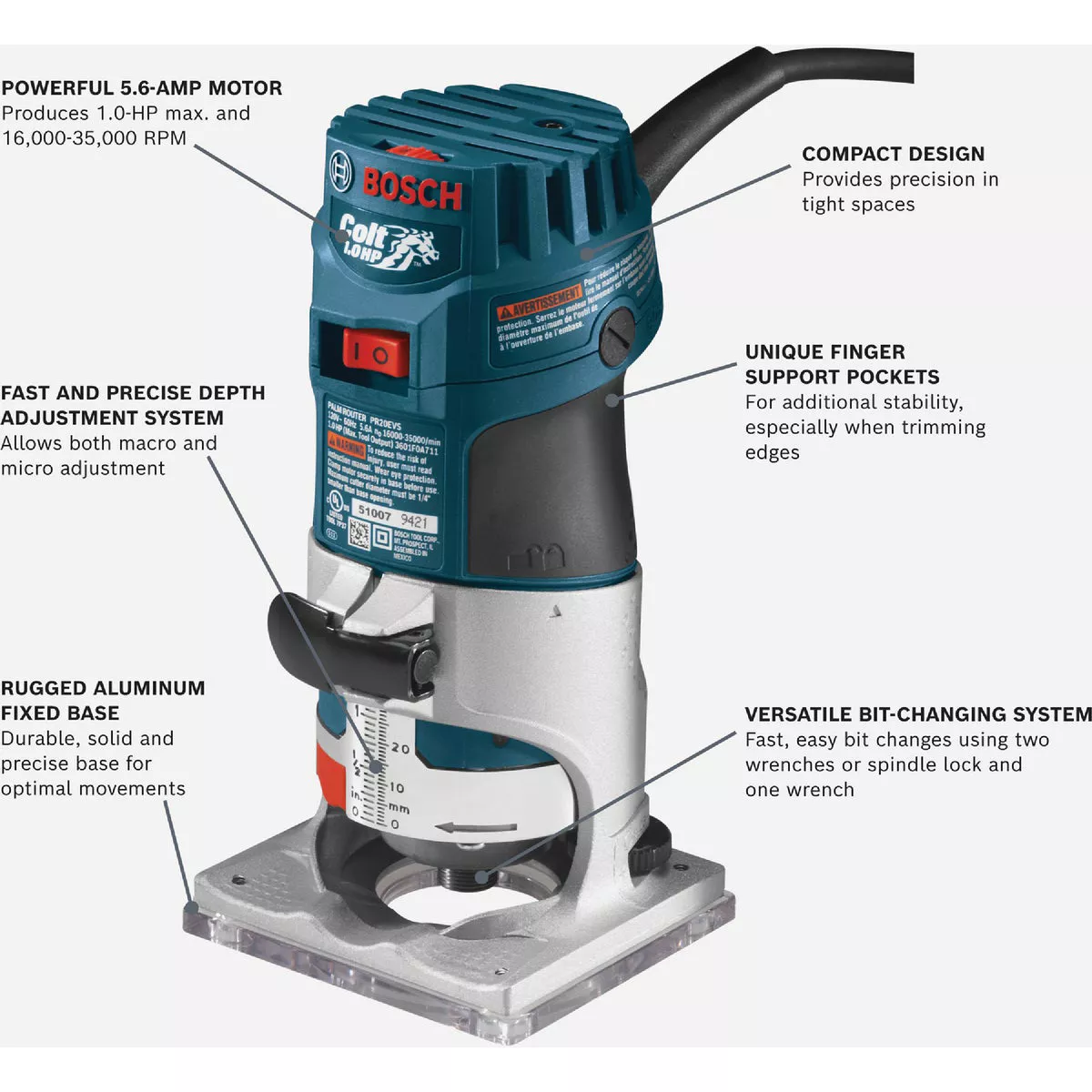 Bosch 5.6-Amp 1.0 HP Variable-Speed Fixed Base Palm Router