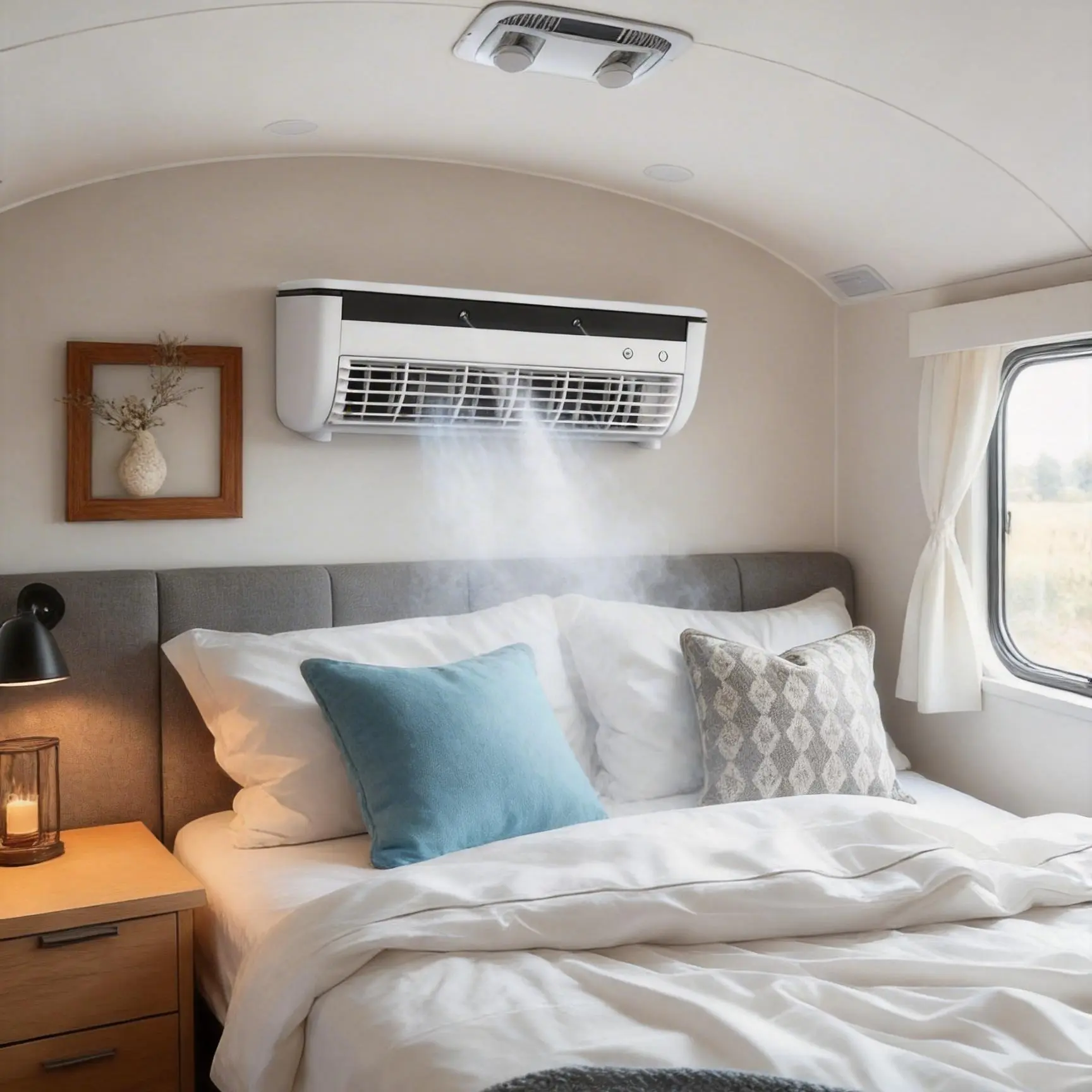 Portable RV Ice Mist Fan | Can be used standing or mounted on the wall | Strong wind with humidifying function, comes with remote control, suitable for kitchen, outdoor, and RV use | 6000mAh high-performance battery, RV fan, cooling fan