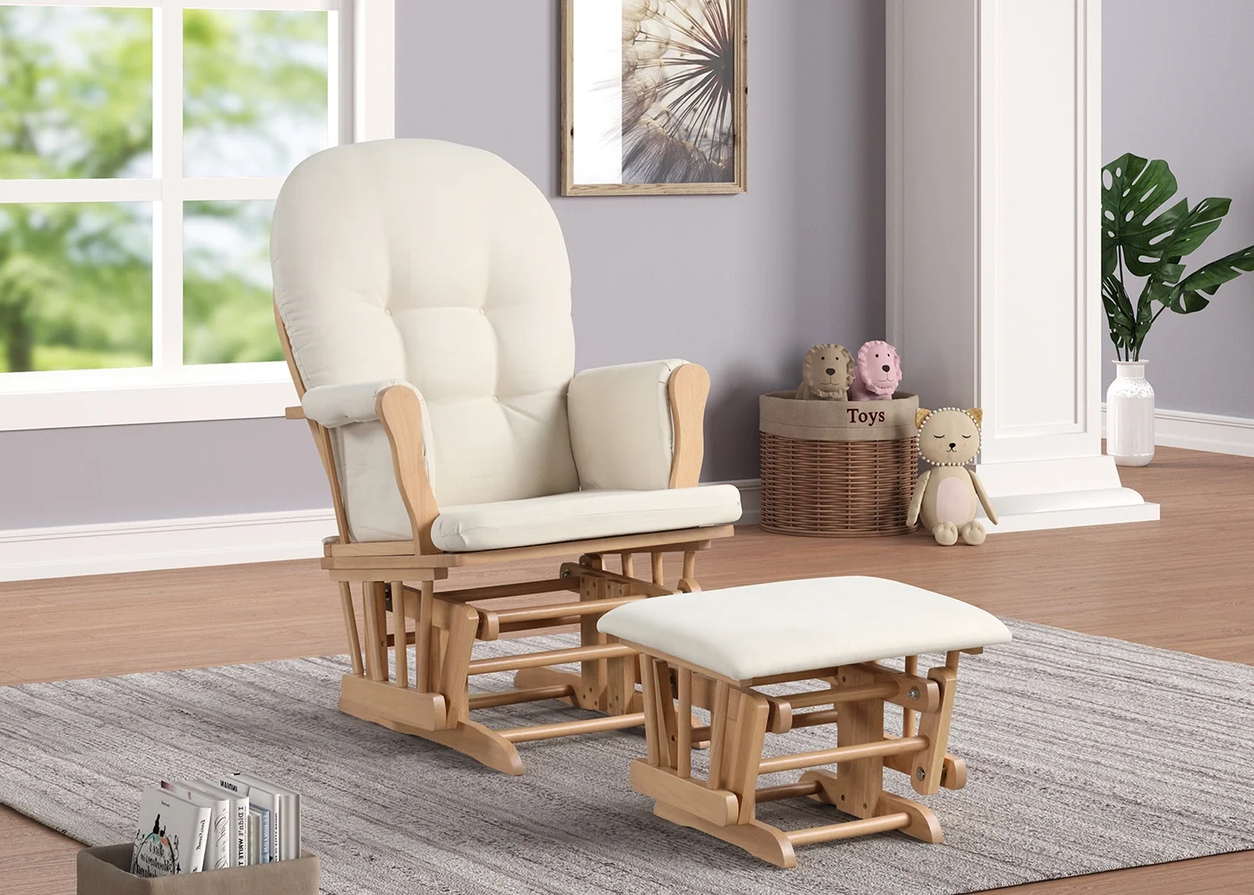 Angel Line Windsor Glider and Ottoman, Natural Finish with Gray Cushions - Image 54