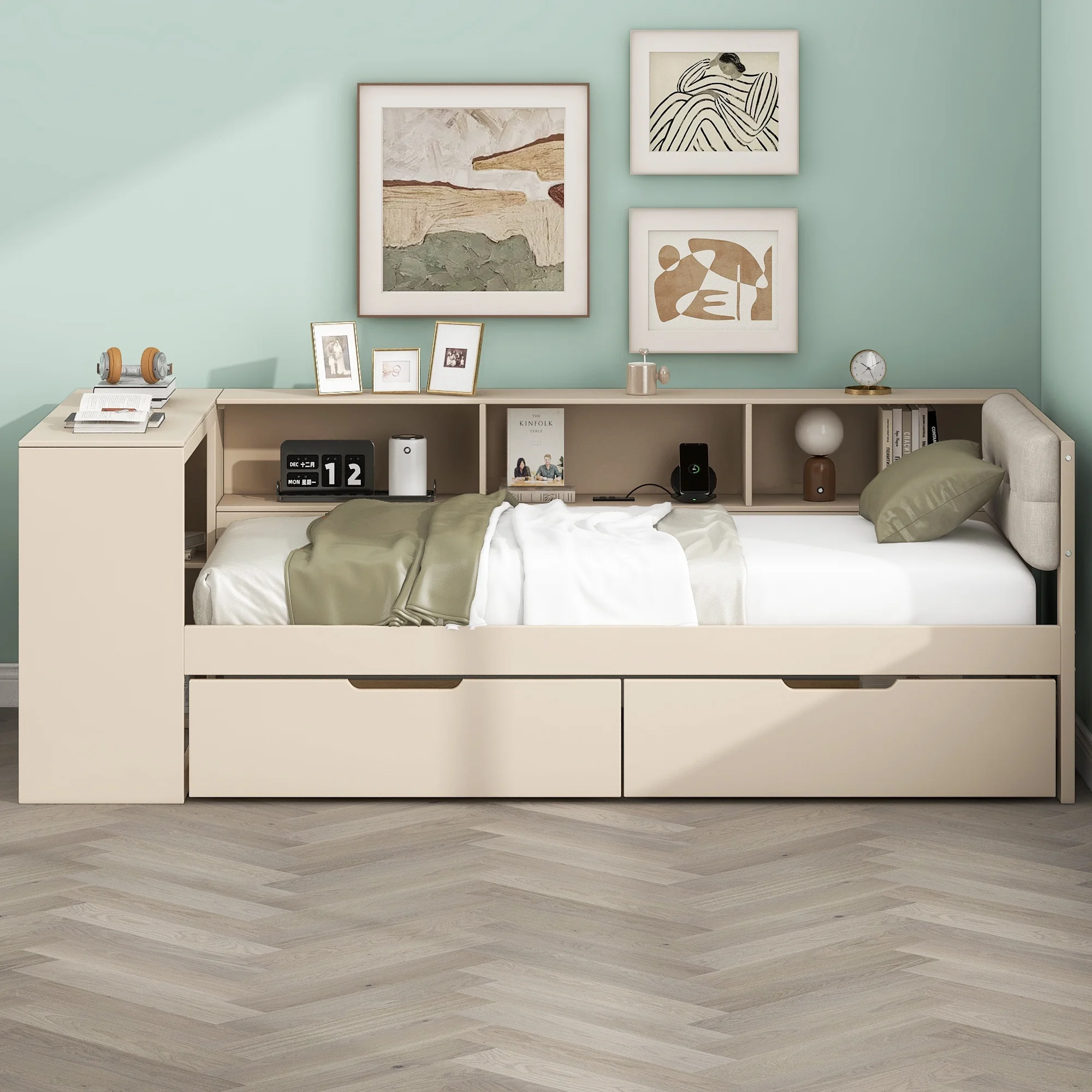 Euroco Wood Twin Size Platform Bed with Desk and Shelves, Drawers and USB Charging for Kids, Cream