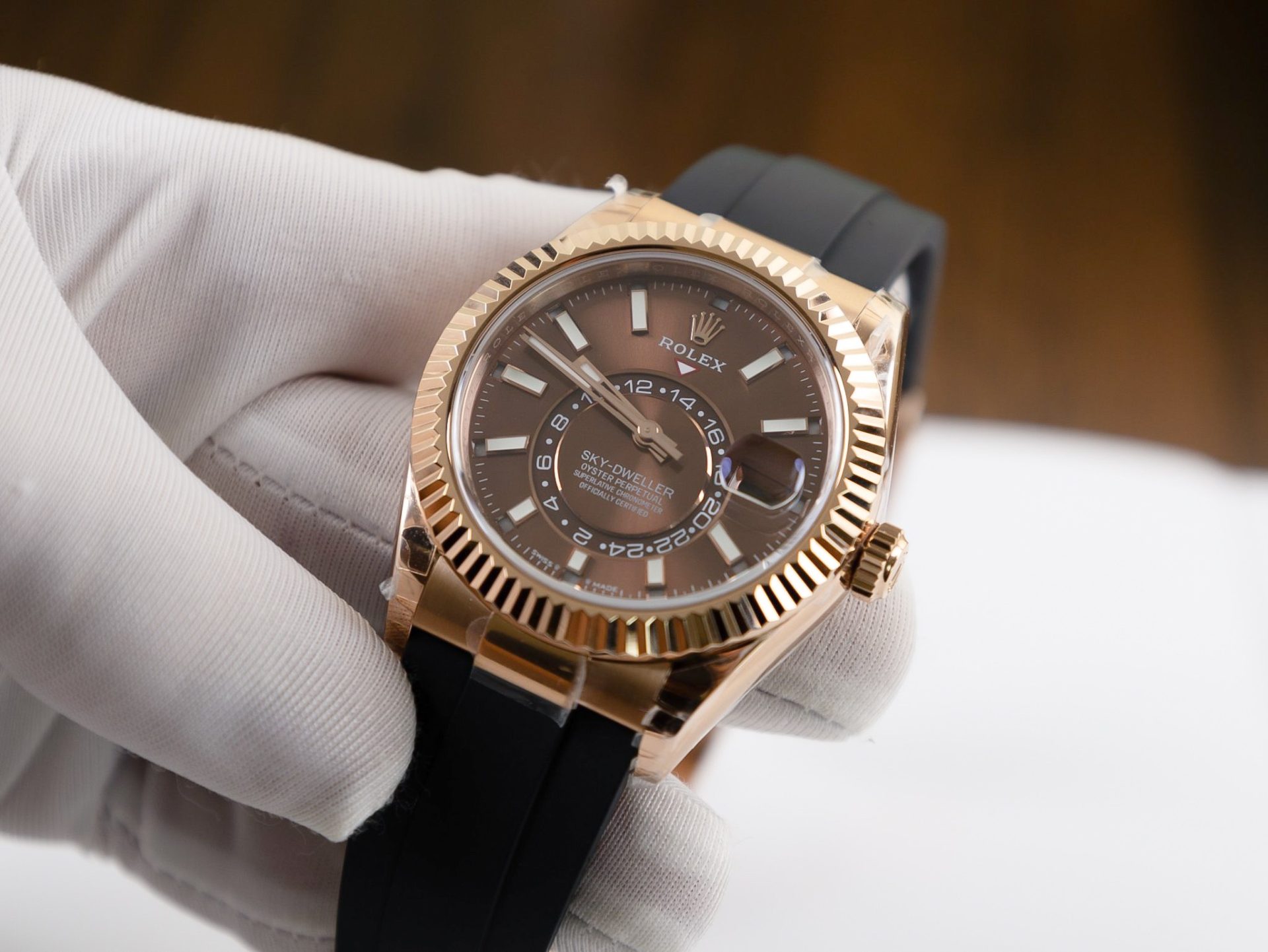 Rolex Replica 1:1 Watch Sky Dweller Chocolate Dial Rubber Strap 42mm - Elite Watch Atelier