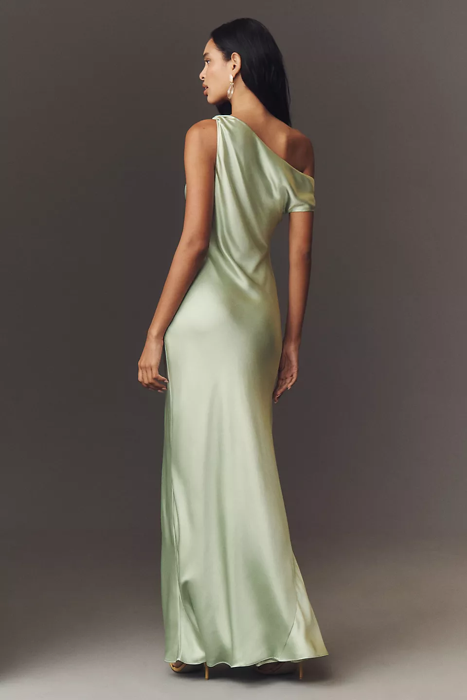 Off-The-Shoulder High-Shine Satin Maxi Dress - Sage Green