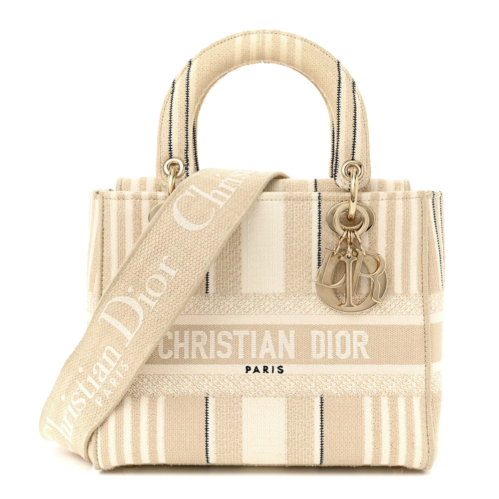Dior Beige Embroidered Canvas Medium Stripes Lady D-Lite Gold Hardware Replicas