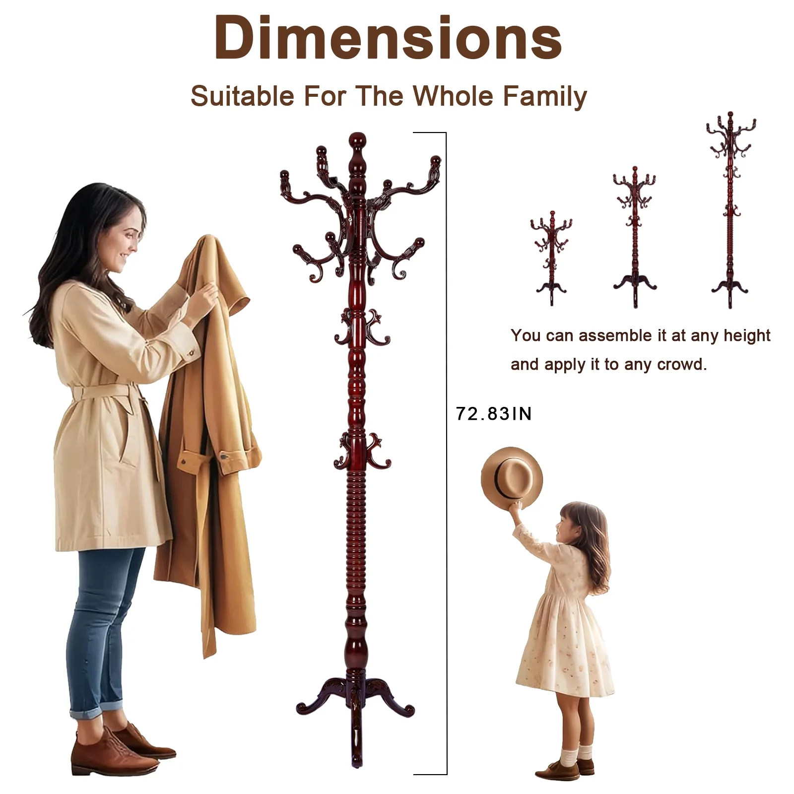 Coat Rack Freestanding, Hall Tree with 11 Hooks, Heavy Duty Wooden Coat Tree Stand, Adjustable Height, Sturdy Base for Bedroom Hallway Office - Load 270lbs - Image 43