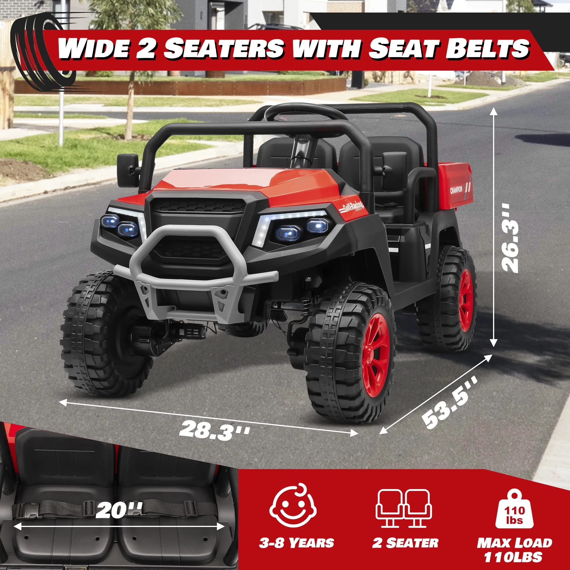 Joyracer 4WD 24 Volt Ride on Toys UTV with 2 Seater & Remote Control, Kids Electric Golf Cart w/ 4x200W Power Motors, Tiltable Trailer & Shovel, 4 Wheels Spring Suspension, Bluetooth USB Music, Black - Image 31