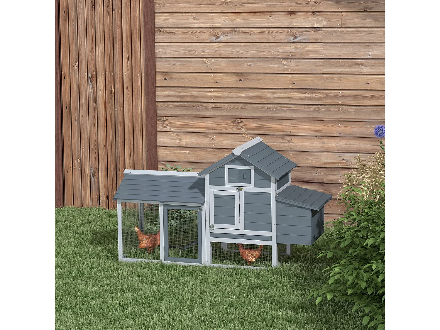 Poulailler cottage cage à poules sur pied dim. 151L x 54l x 87H cm multi-équipement bois pin gris