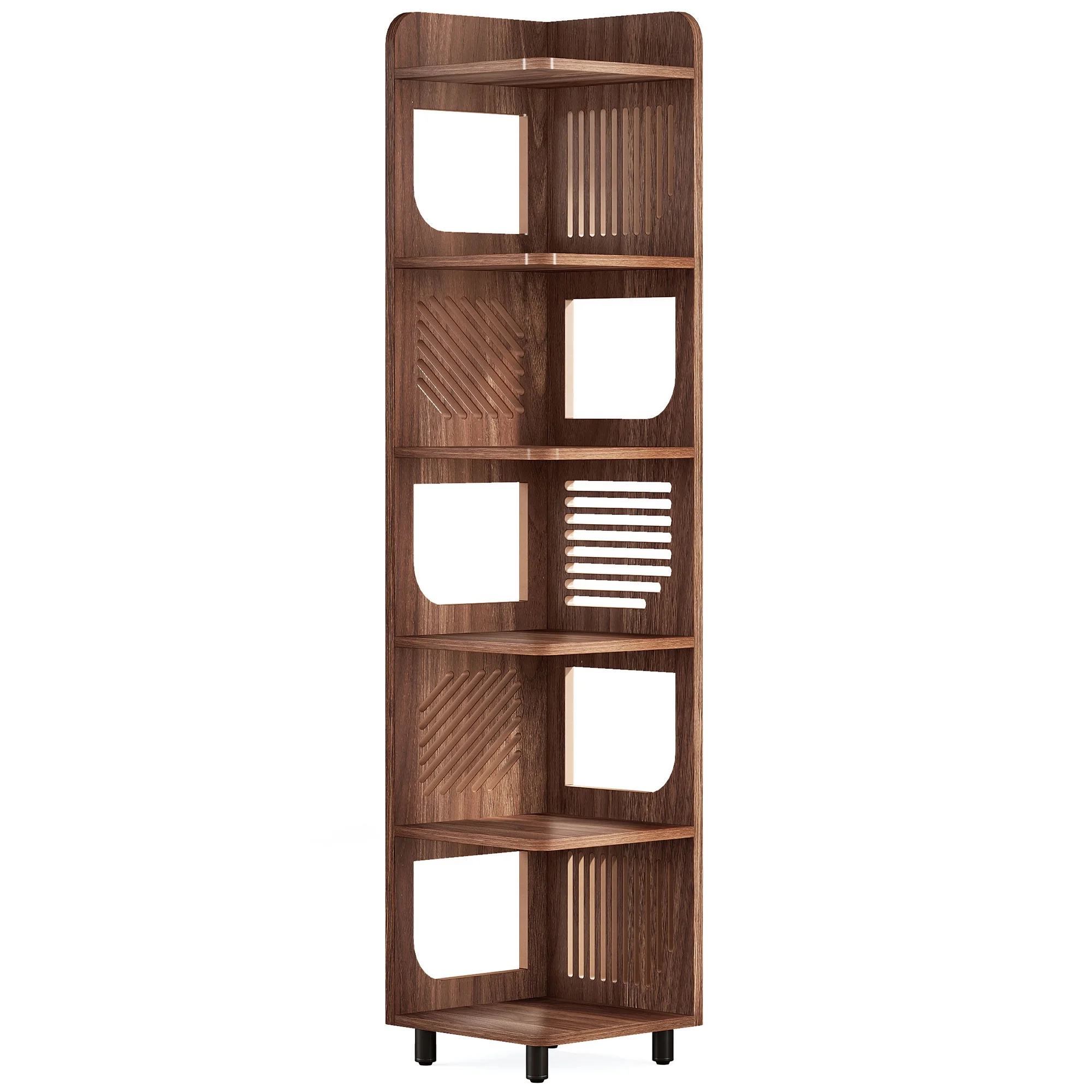 Fnova 71" 6-Tier Tall Corner Bookshelf, Rustic Wooden Narrow Corner Bookcase with Artistic Square Rack, Freestanding Display Storage Shelf for Space-Saving Home Organizing - Image 15