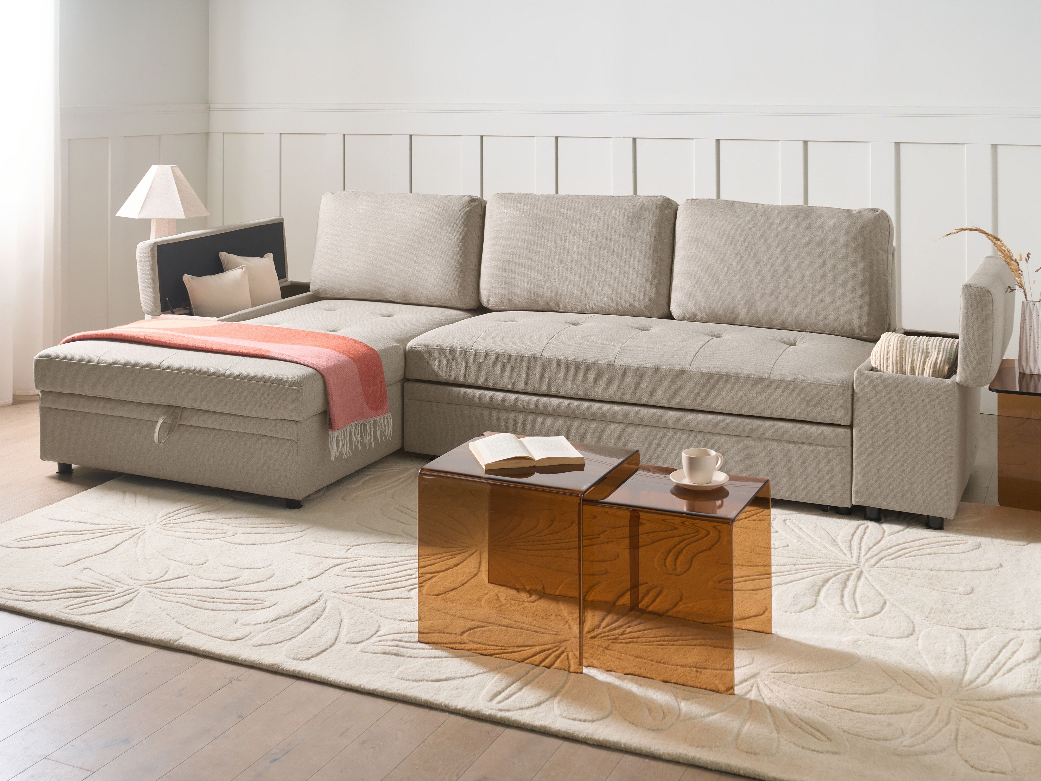 Corner Sofa Bed 3 Seater HRISEY Faux Linen Beige with Storage Right Hand