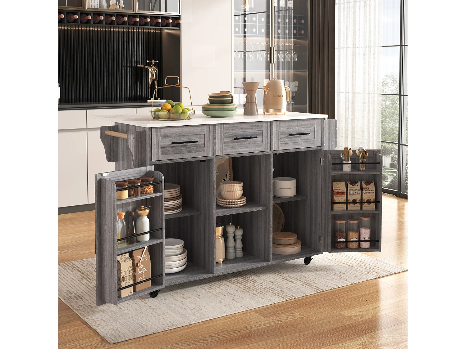 Desserte grise avec plateau en MDF, 3 tiroirs et 2 portes - pour salles à manger et cuisines