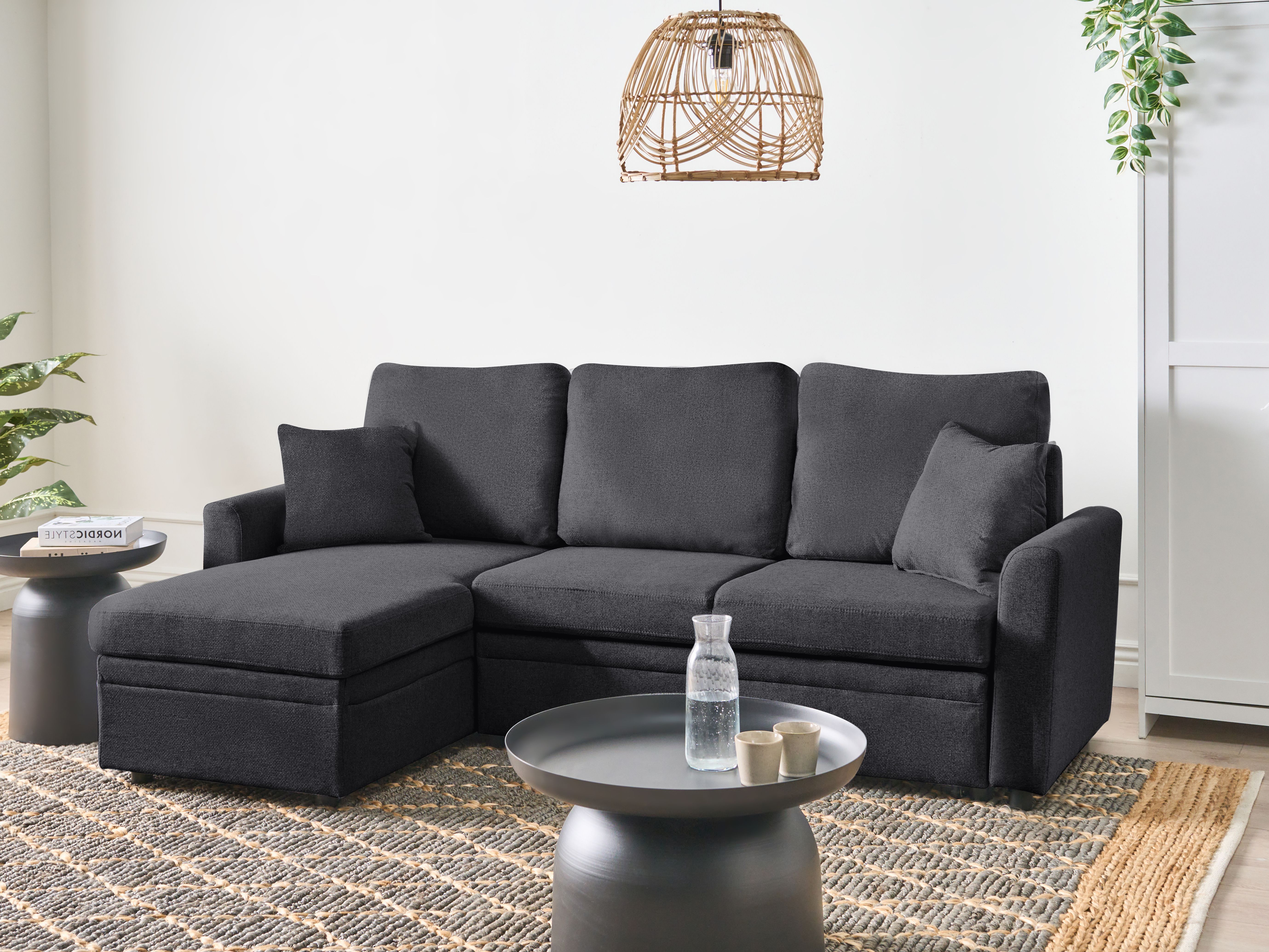 Corner Sofa Bed 3 Seater NASSJO Faux Linen Black Right Hand
