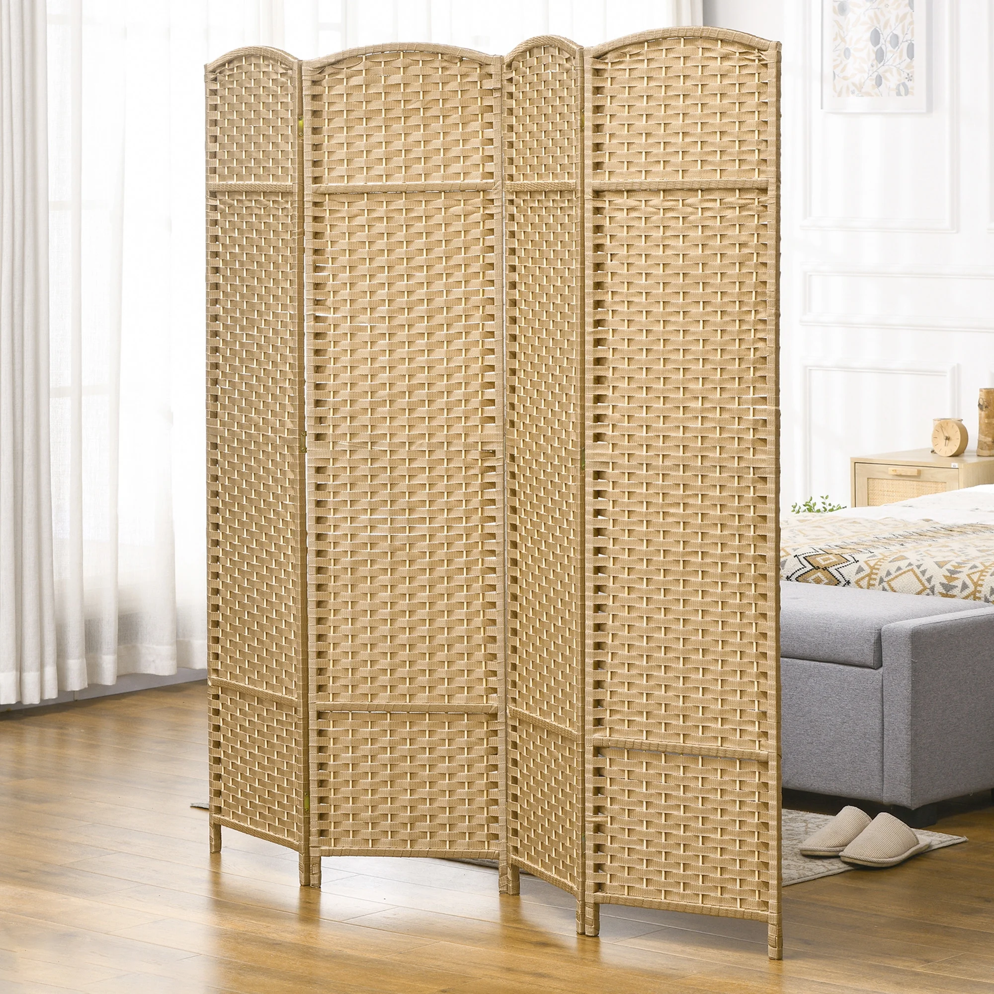 HOMCOM 4 Panel Room Divider Freestanding Folding Privacy Screen Nature Wood