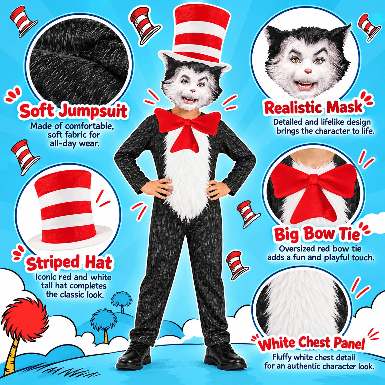4-Piece Cat Halloween Cosplay Costume for Kids, Scary Cat Jumpsuit Set with Mask, Striped Hat & Bow Tie for Boys & Girls, Ages 11-12 - Image 9 4-Piece Cat Halloween Cosplay Costume for Kids, Scary Cat Jumpsuit Set with Mask, Striped Hat & Bow Tie for Boys & Girls, Ages 11-12 - Image 9