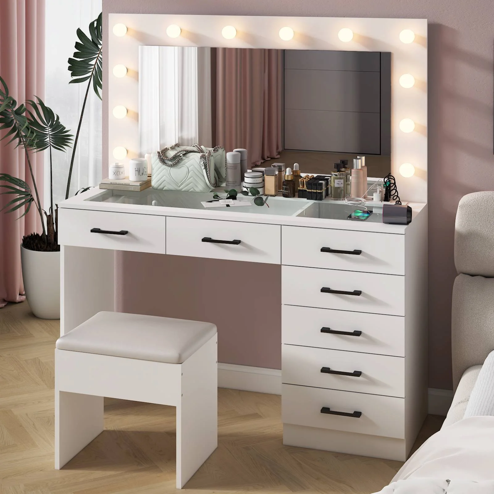 Ktaxon Large Makeup Vanity, Vanity Table Set w/ Visible Glass Top w/ Charging Station, White - Image 46