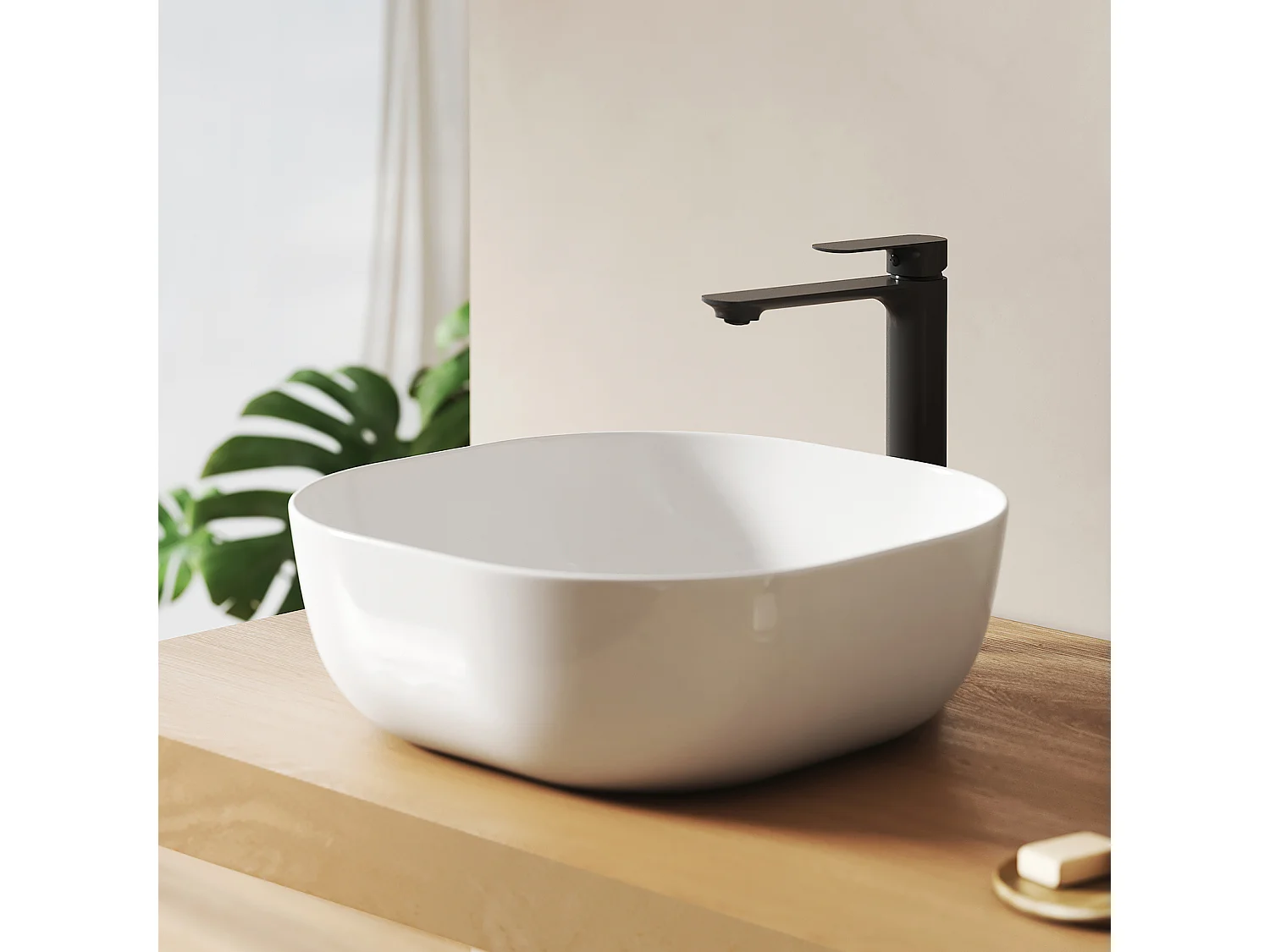 EMKE Lavabo en Céramique Blanche 415x415x145 mm, Vasque à Poser Carrée sans Trou de Robinet