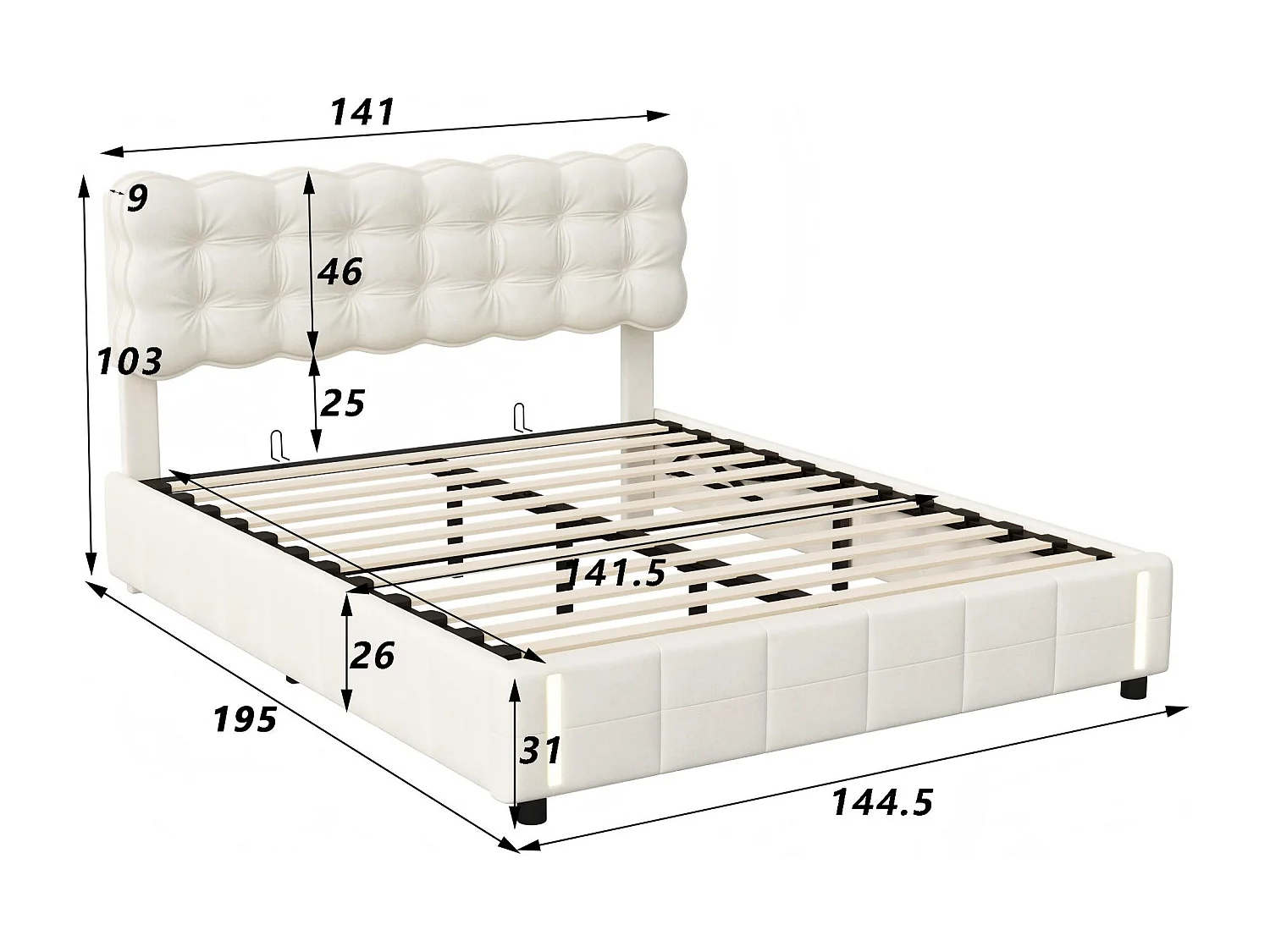 Lit coffre capitonné 140x190cm - Lit double - avec éclairage LED - Velours - Beige (matelas non inclus)