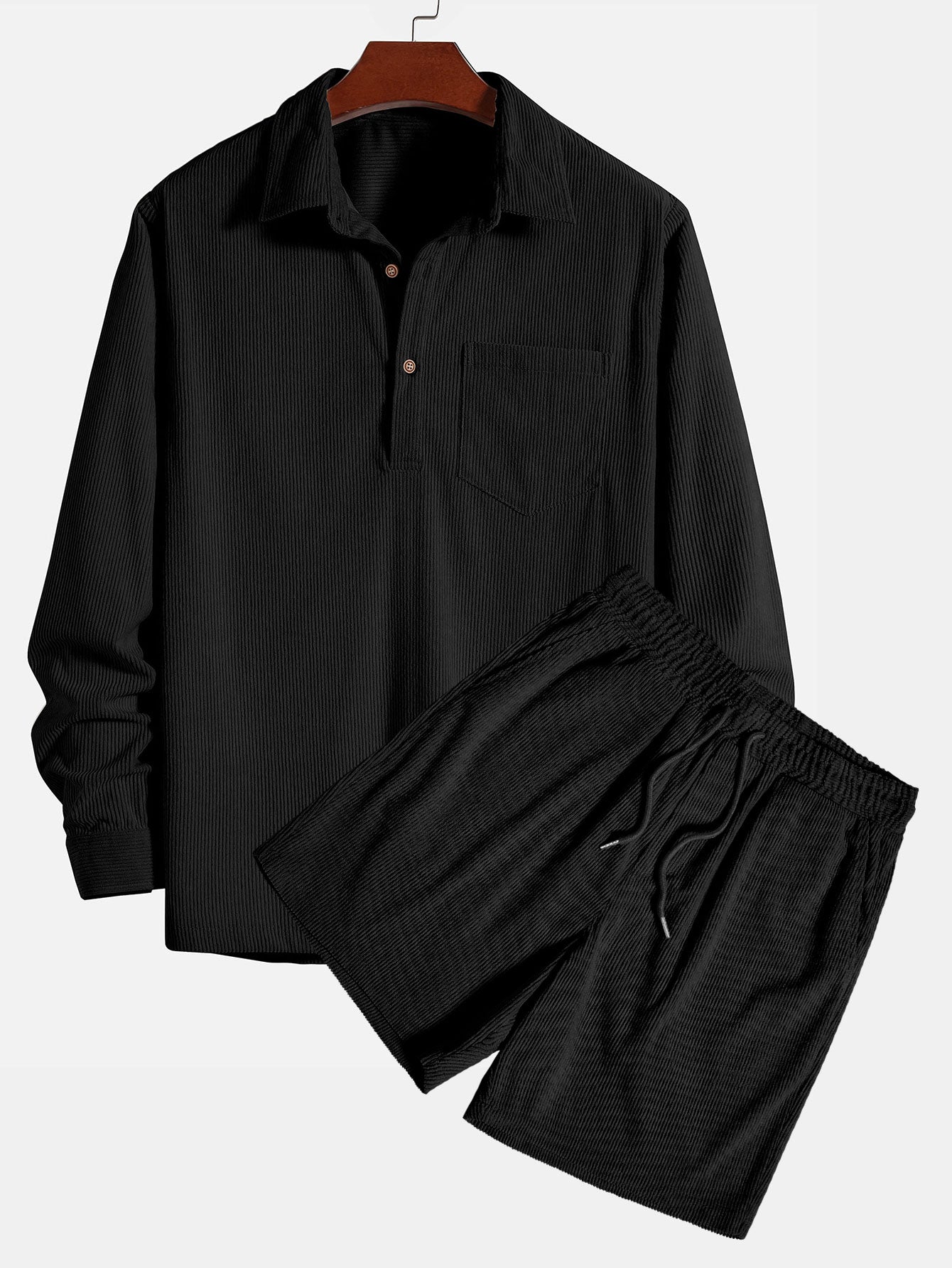 Long Sleeve Polo Collar Corduroy Shirt & Shorts
