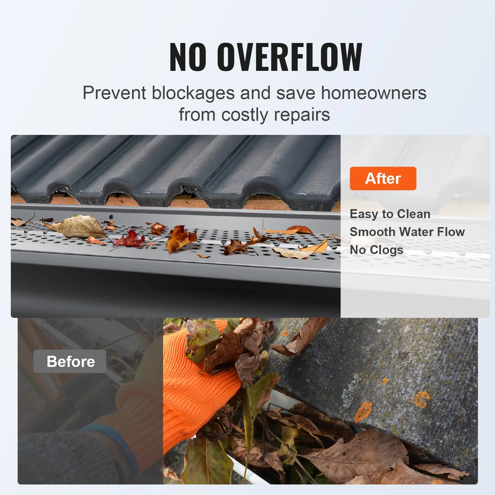 VEVOR Gutter Guard, 5 inch Width, Aluminum Leaf Filter DIY Gutter Cover, 52 PCS 208 ft Total Length, 0.157'' Hole Diameter & 0.02'' Thick Raptor Gutter Guards Fits Any Roof or Gutter Type - Image 6