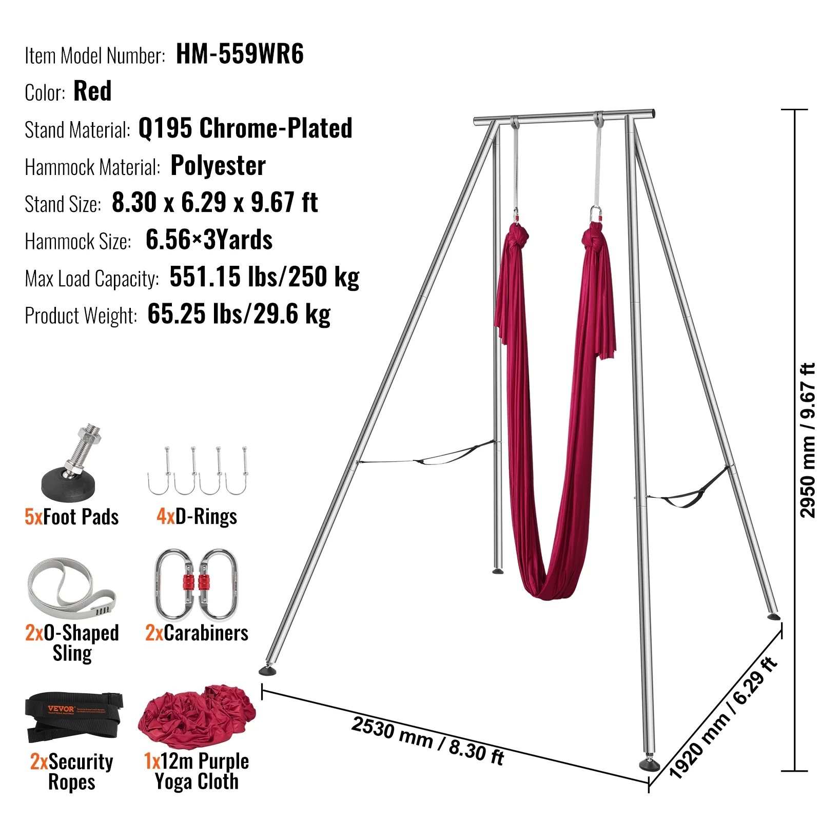 KFFKFF 551.15 lbs Yoga Swing Stand Hammock Aerial Silk Kit Load Yoga Frame Red - Image 2