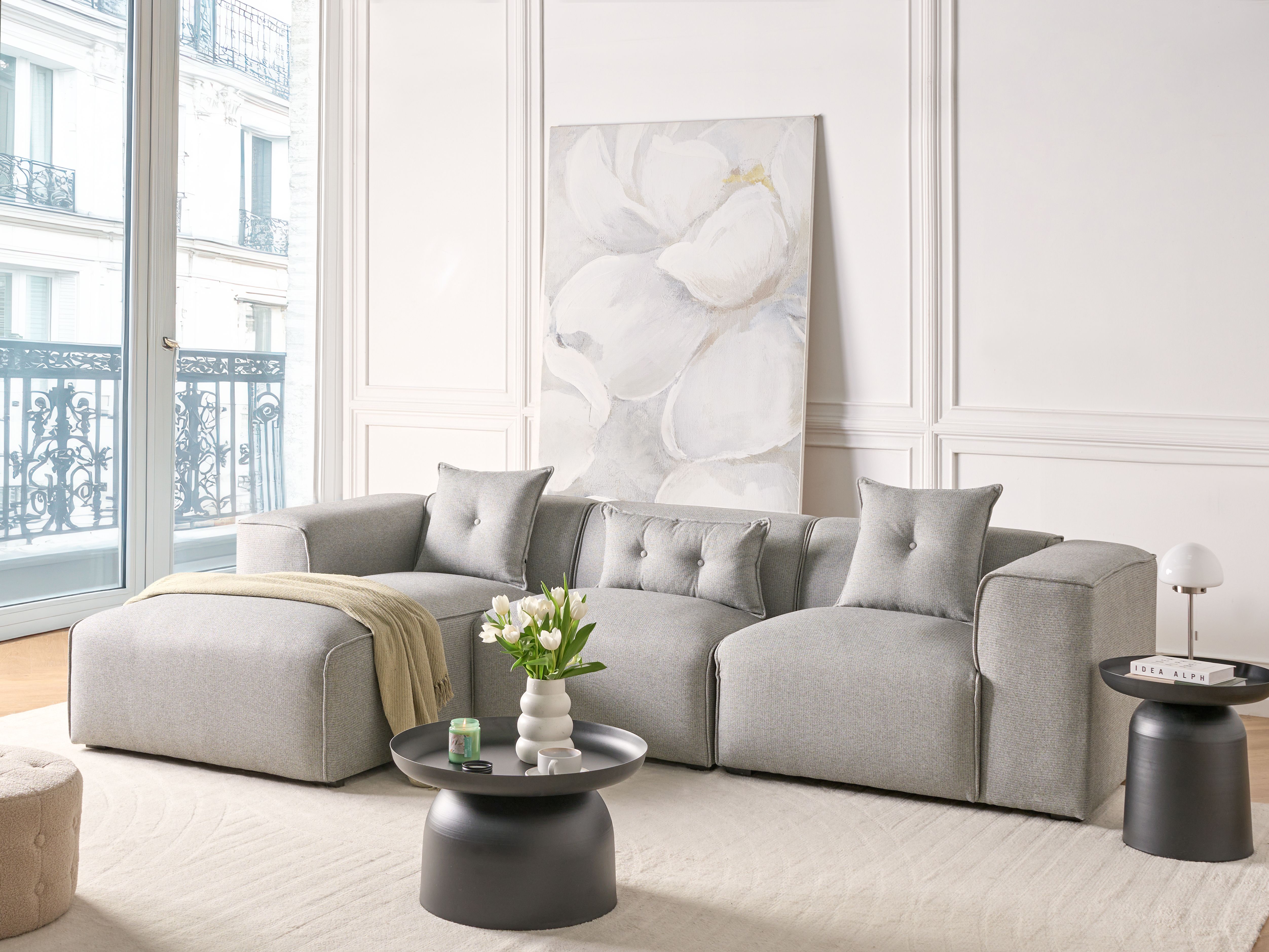 Corner Sofa 3 Seater DOLVA Fabric Light Grey Right Hand